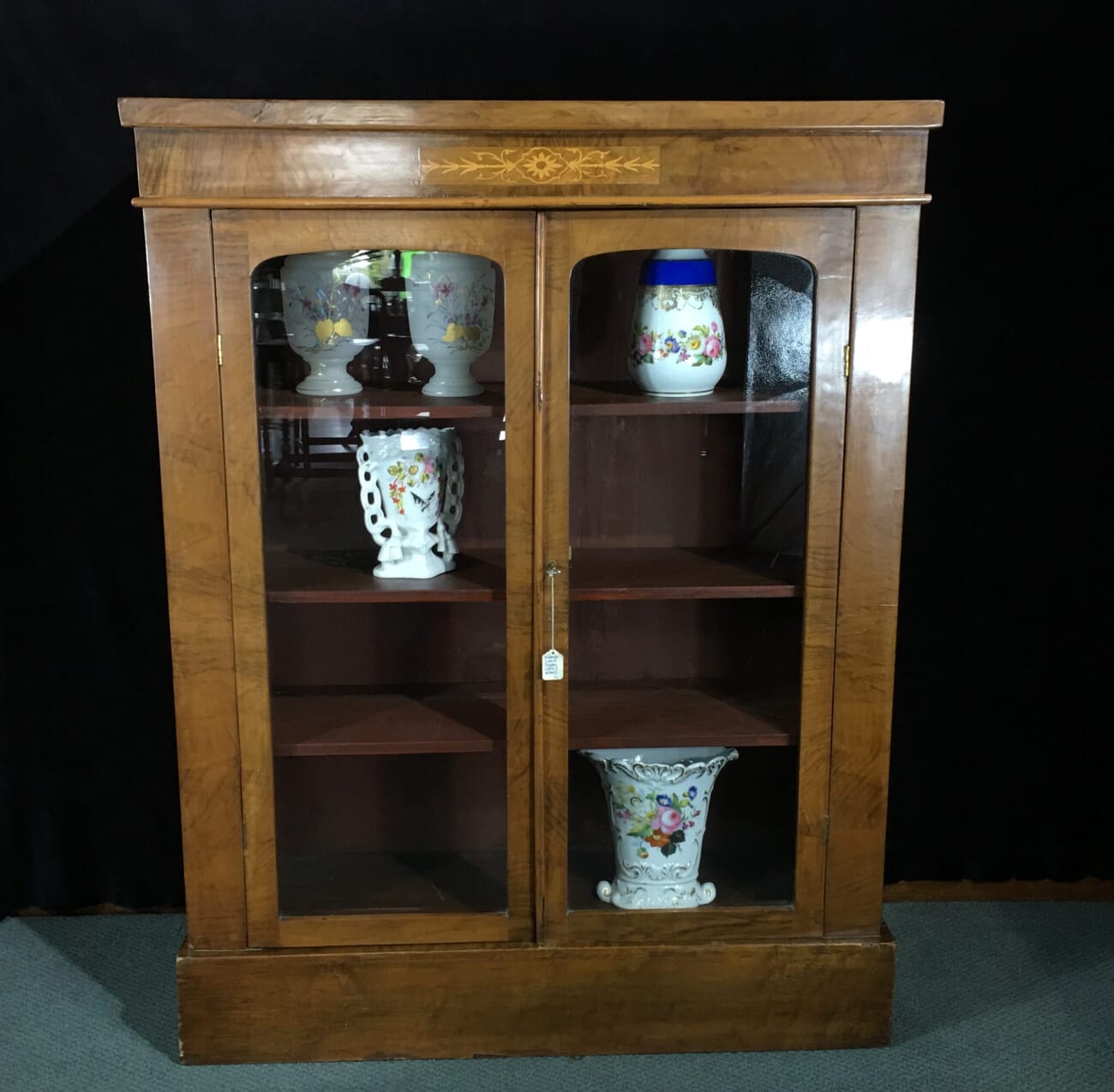 Victorian walnut vitrine cabinet, inlaid work, circa 1875-0