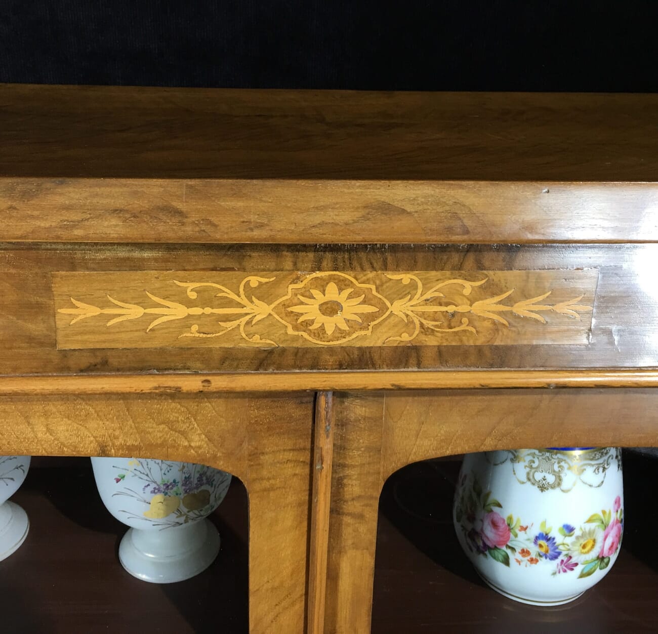 Victorian walnut vitrine cabinet, inlaid work, circa 1875-19581