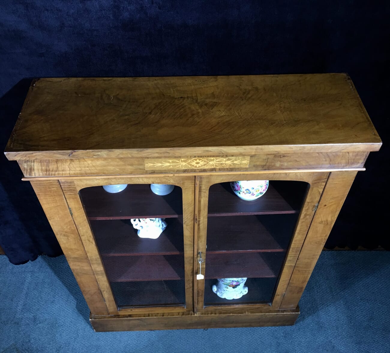 Victorian walnut vitrine cabinet, inlaid work, circa 1875-19583