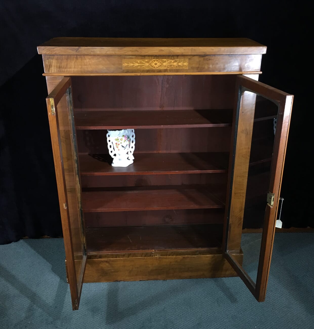 Victorian walnut vitrine cabinet, inlaid work, circa 1875-19582