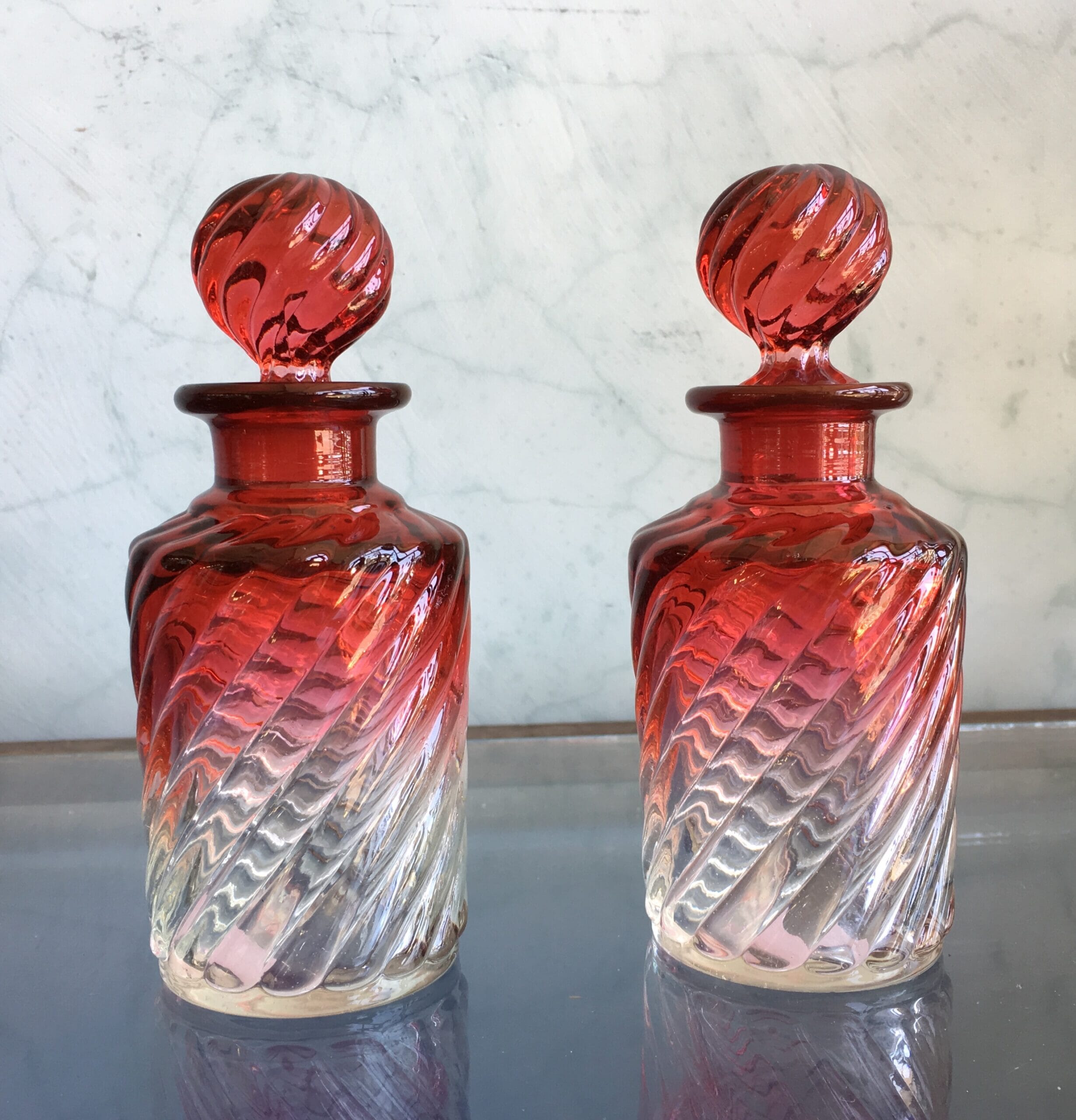 Pair of Baccarat scent decanters, spiral ruby flash, c.1880-0