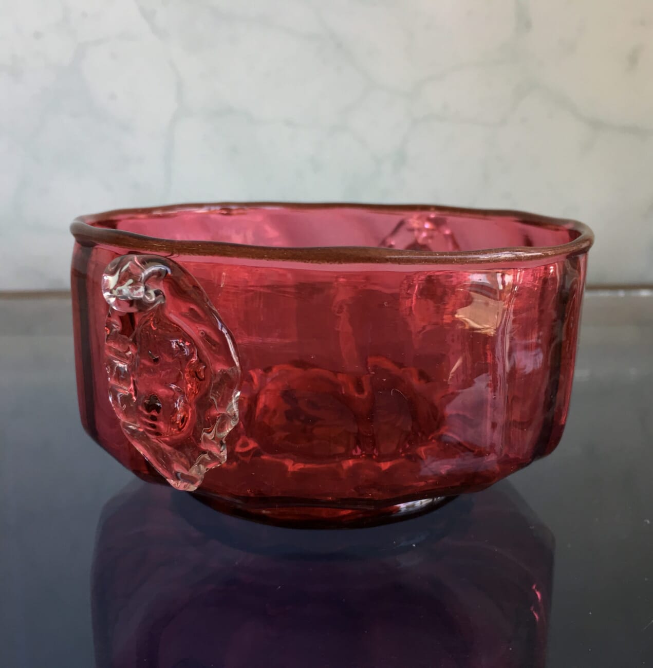 Victorian Ruby glass bowl, moulded faces, C.1880-20501