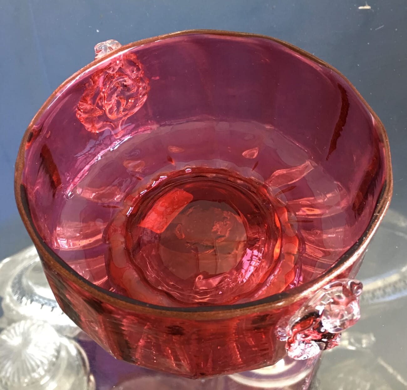 Victorian Ruby glass bowl, moulded faces, C.1880-20505