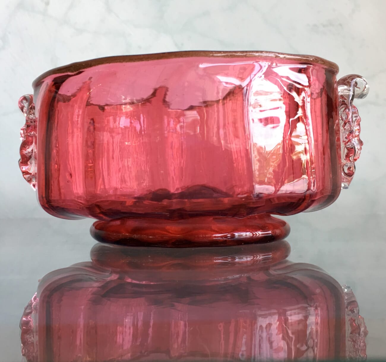 Victorian Ruby glass bowl, moulded faces, C.1880-20504