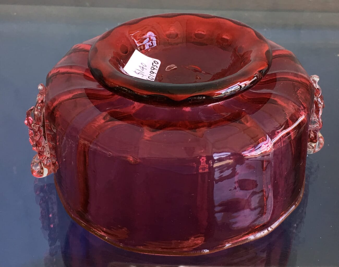 Victorian Ruby glass bowl, moulded faces, C.1880-20503