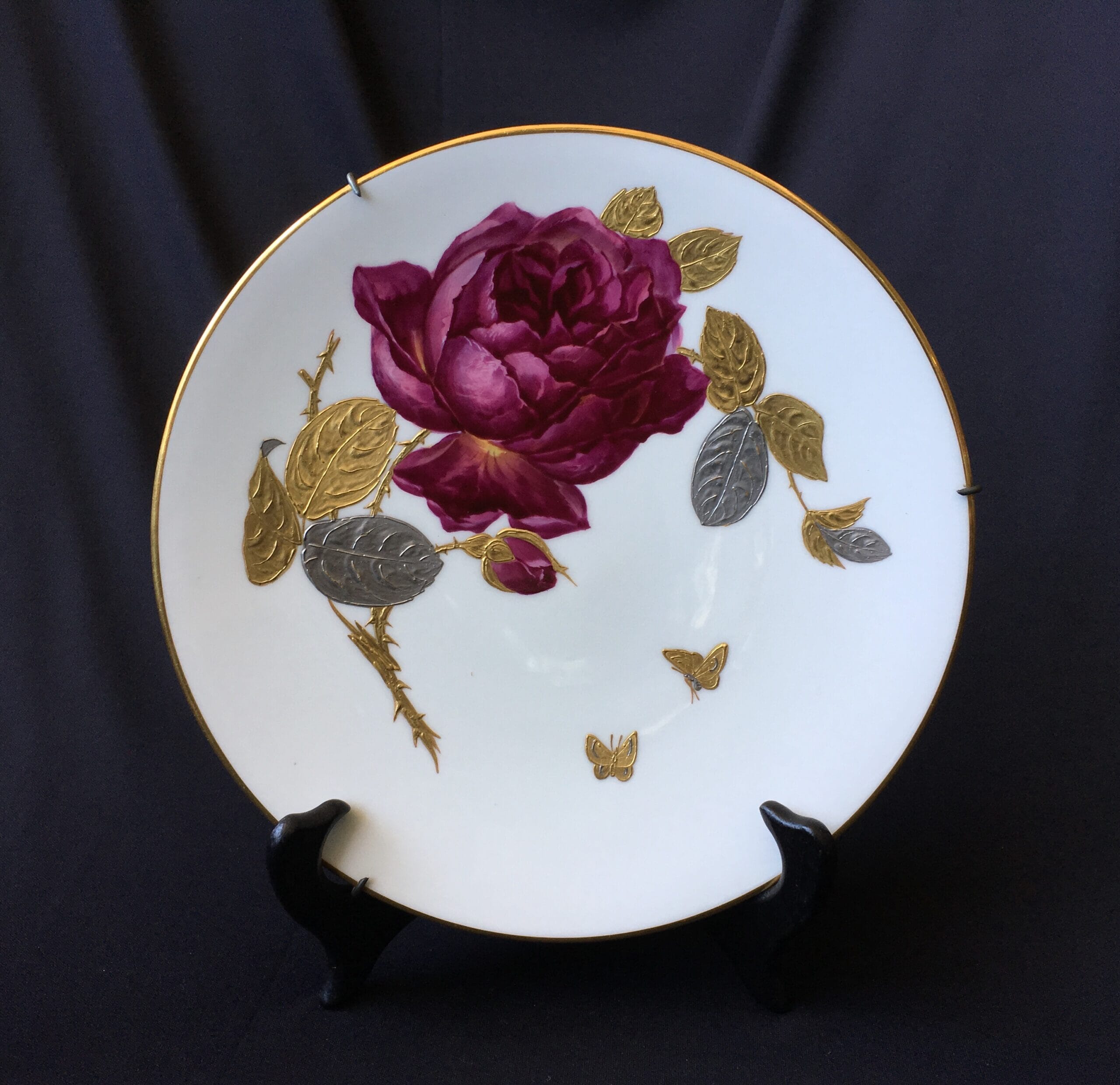 Brown, Westhead, Moore & Co plate with platinum & gold roses, & butterflies, c. 1870-0