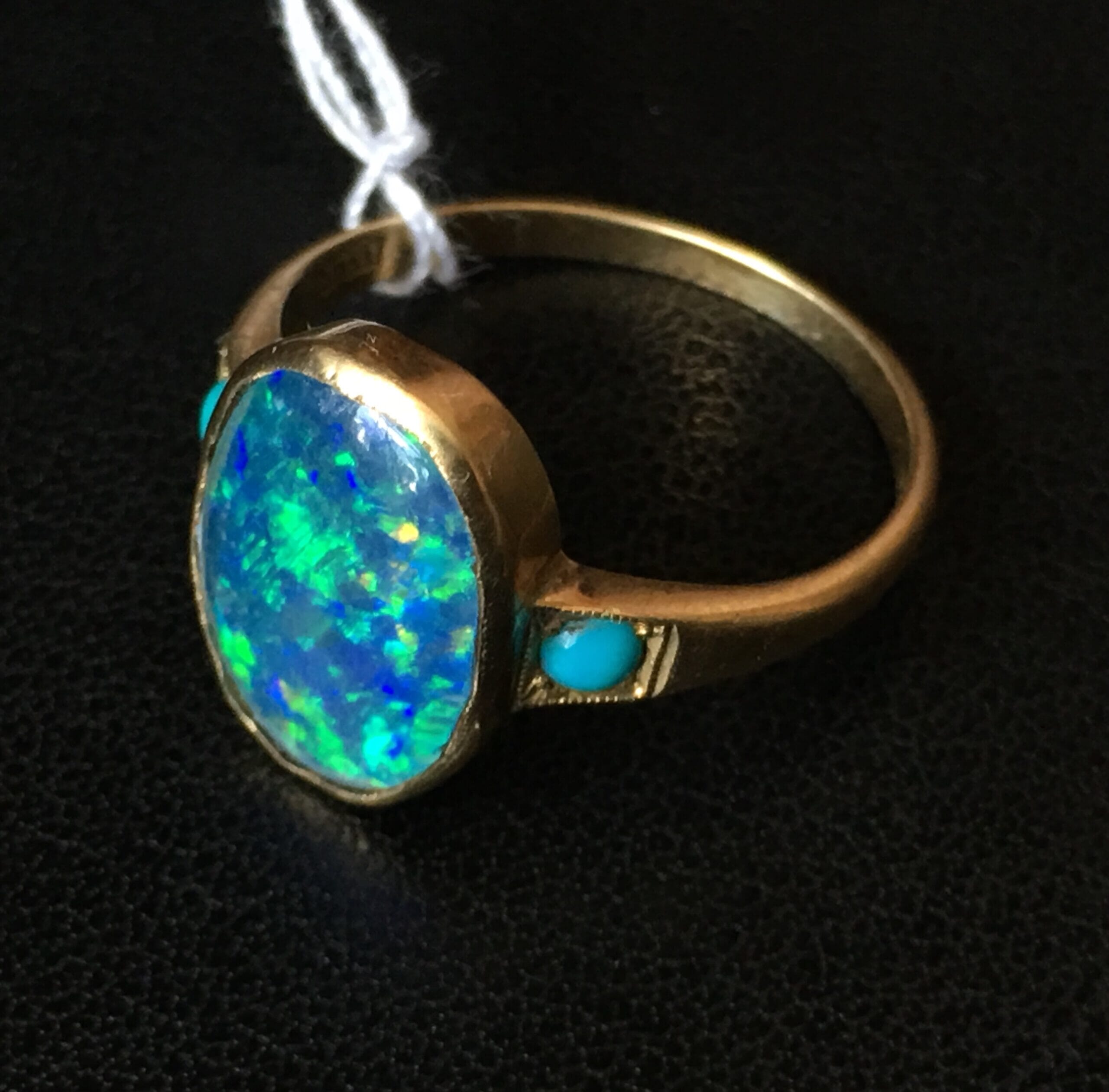 Opal Doublet & turquoise gold ring, 15 carat, 'Dumbbells' maker later 19th century -0
