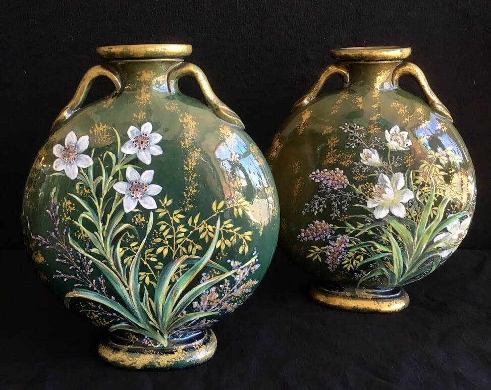 Pair of Vallaueris (France) pottery moon-flasks, flowers in Barboyine, c. 1880 -0