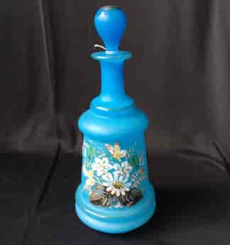 Victorian blue glass perfume decanter, flowers and butterflies, c.1885-0