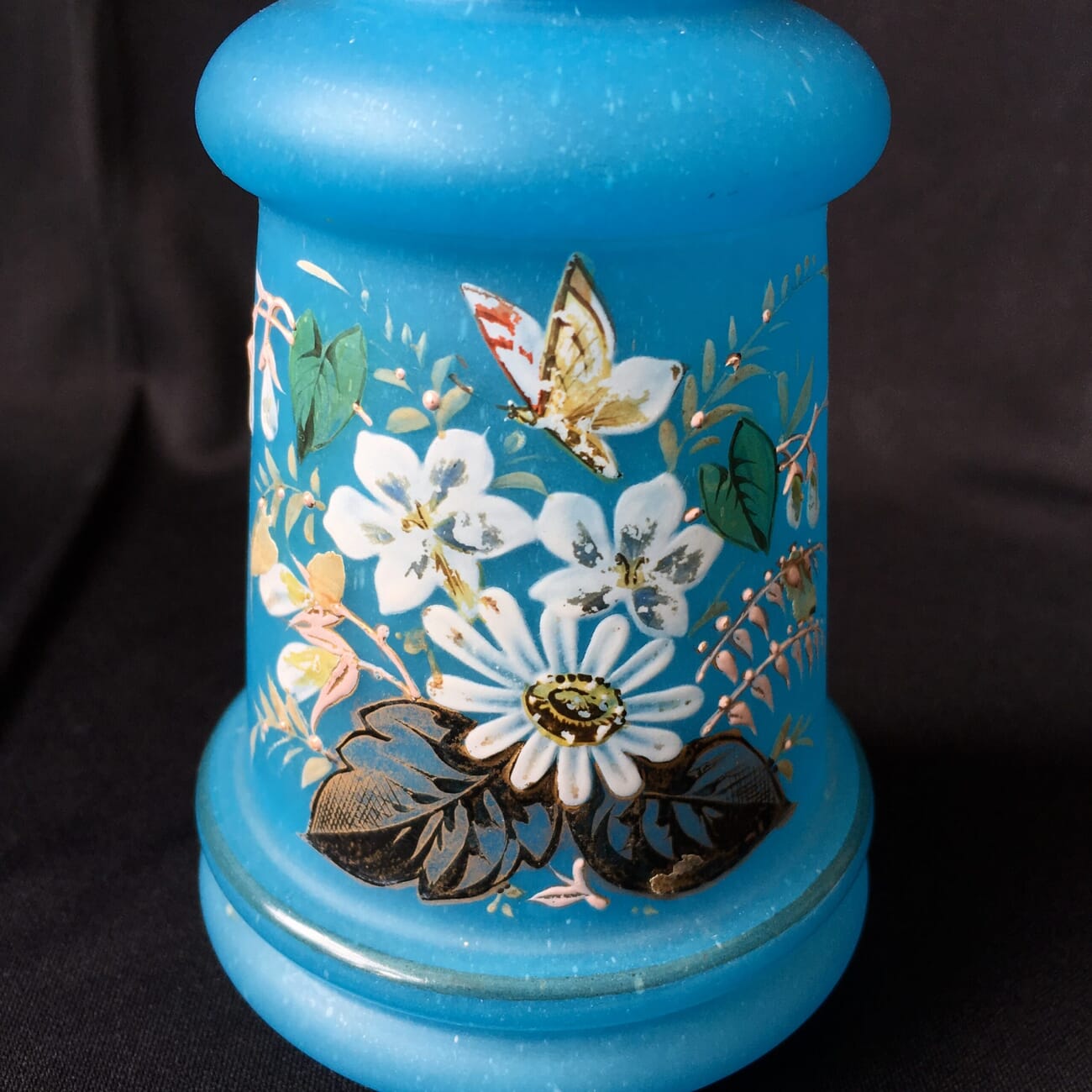 Victorian blue glass perfume decanter, flowers and butterflies, c.1885-20855