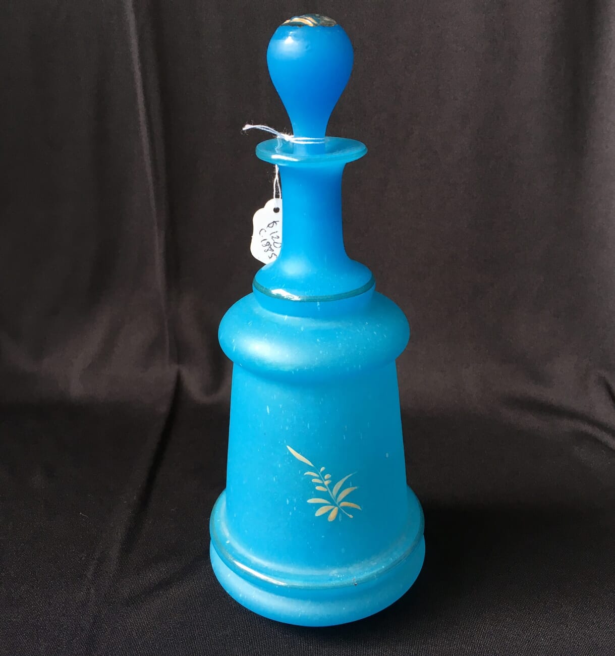 Victorian blue glass perfume decanter, flowers and butterflies, c.1885-20858