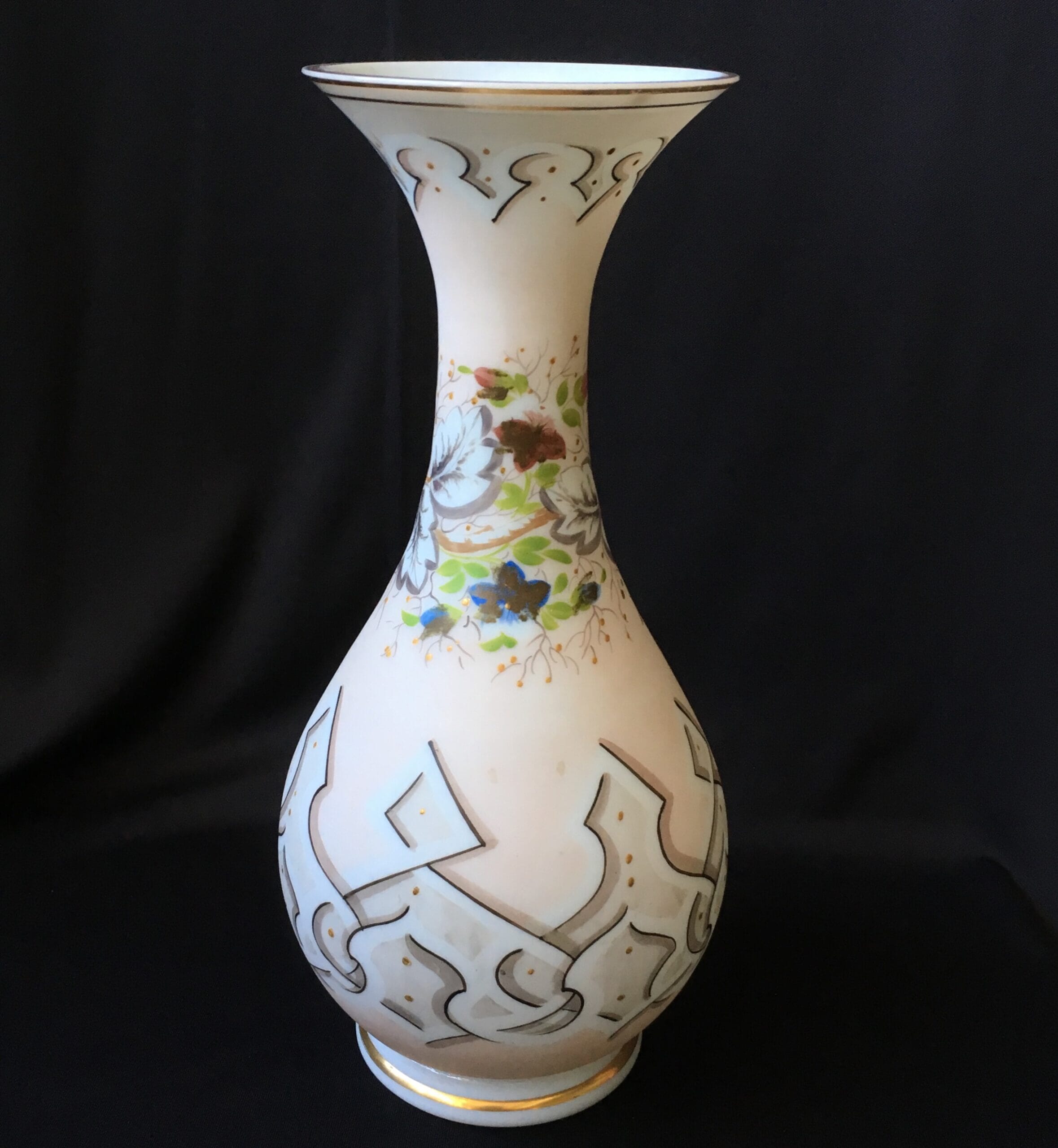 Victorian Glass Milk Vase With Painted Oak Leaves And Flowers C 1875 0 Moorabool Antique