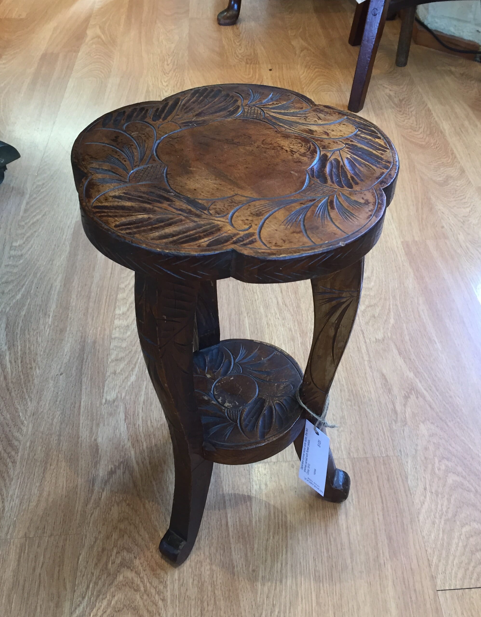 Japanese low side table, flower carved, c. 1910-0