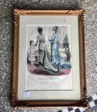 French fashion print of two ladies and a young girl, dated 1878 in gilt frame -0