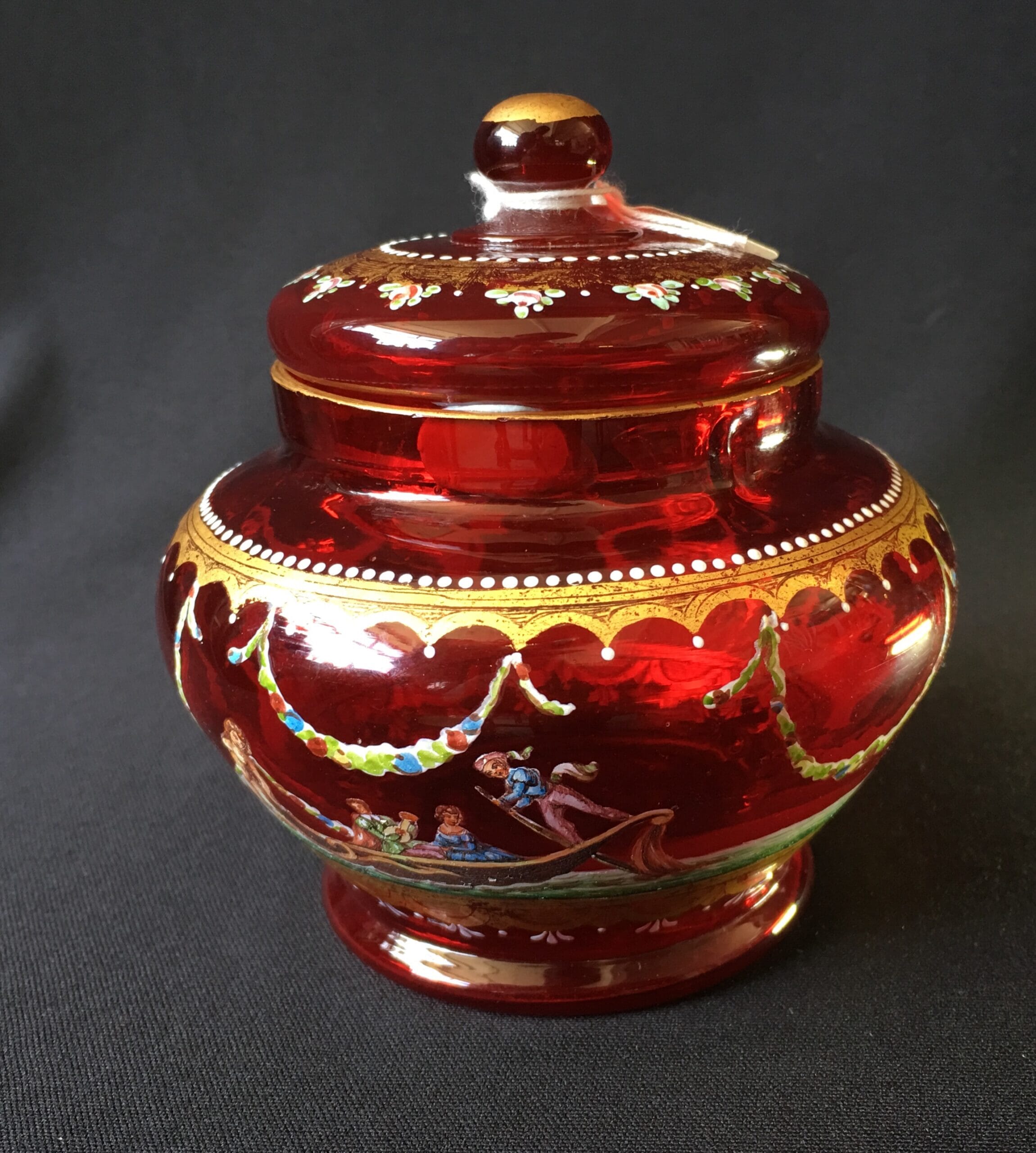 Moser ruby glass covered jar, 'Venetian' scenes, c.1925-0