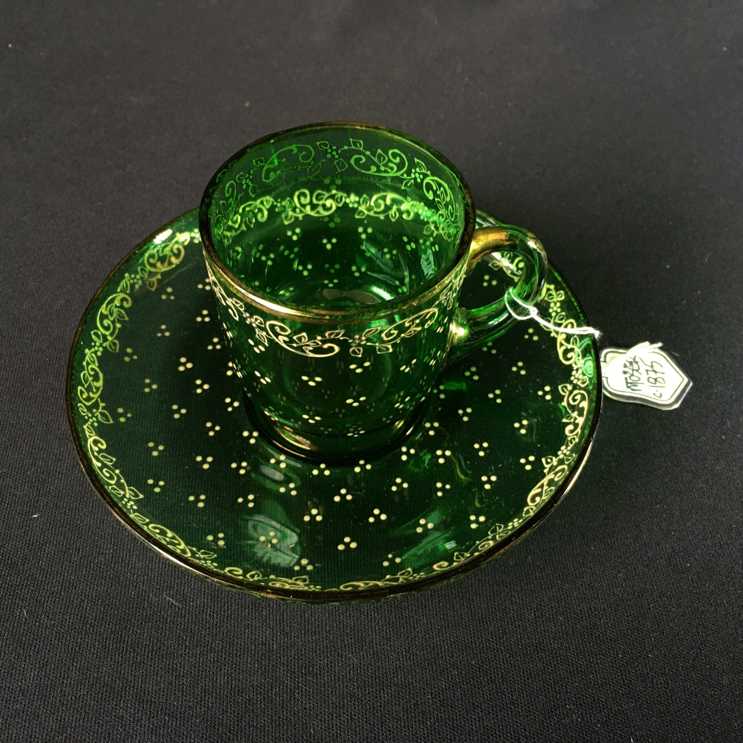 Moser green glass cup & saucer, circa 1875-0