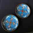 Pair Japanese Cloisonné dishes, cranes amongst clouds, early 20th century-0