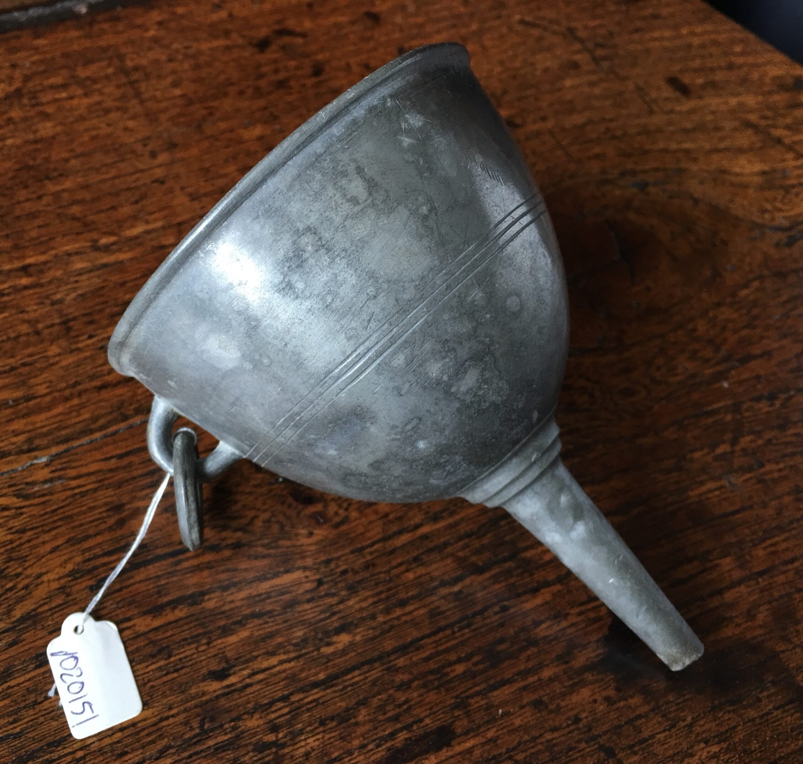 Pewter wine funnel with ring hanger, C. 1820-0