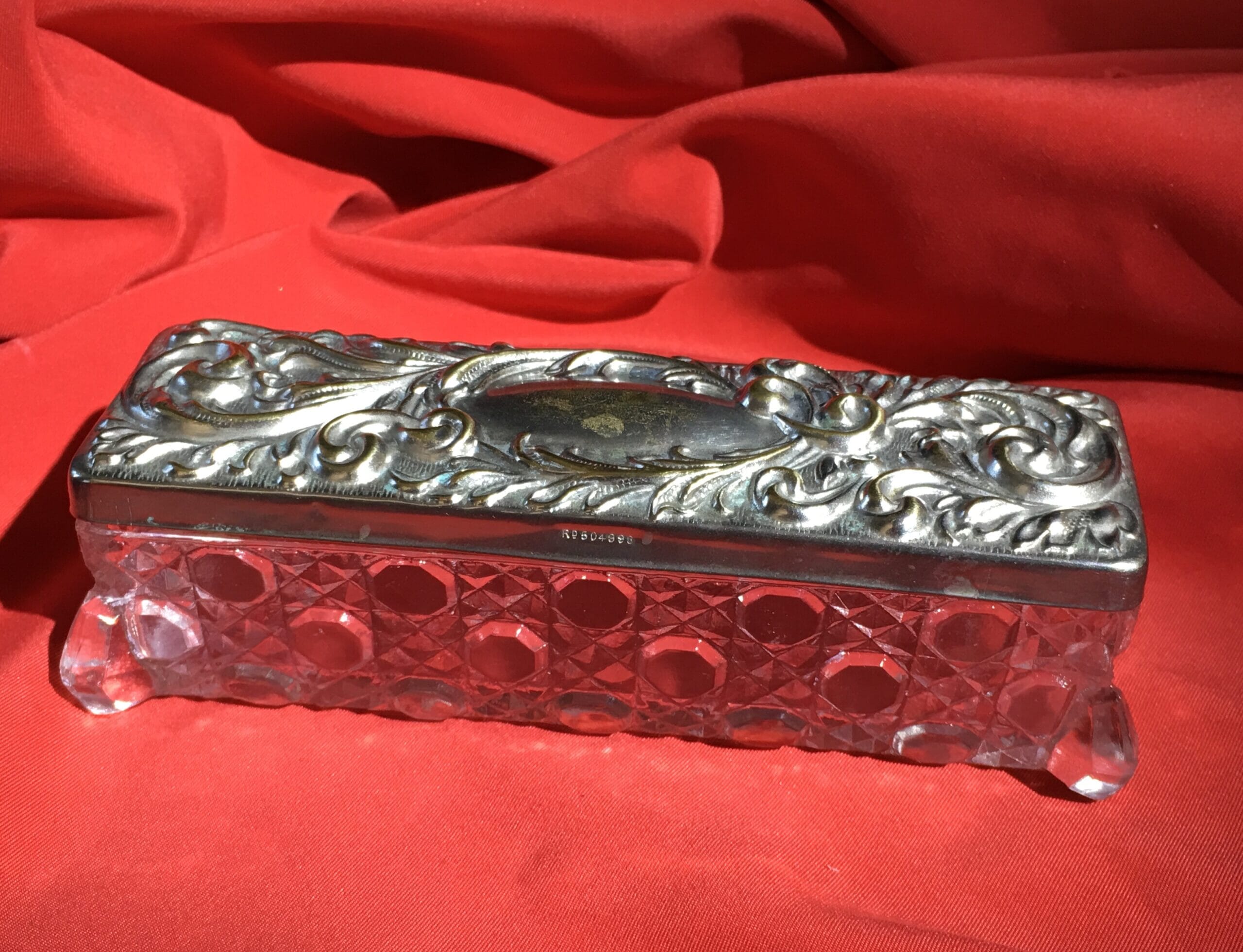 Silver plated dressing table box with pressed glass base, c. 190722350