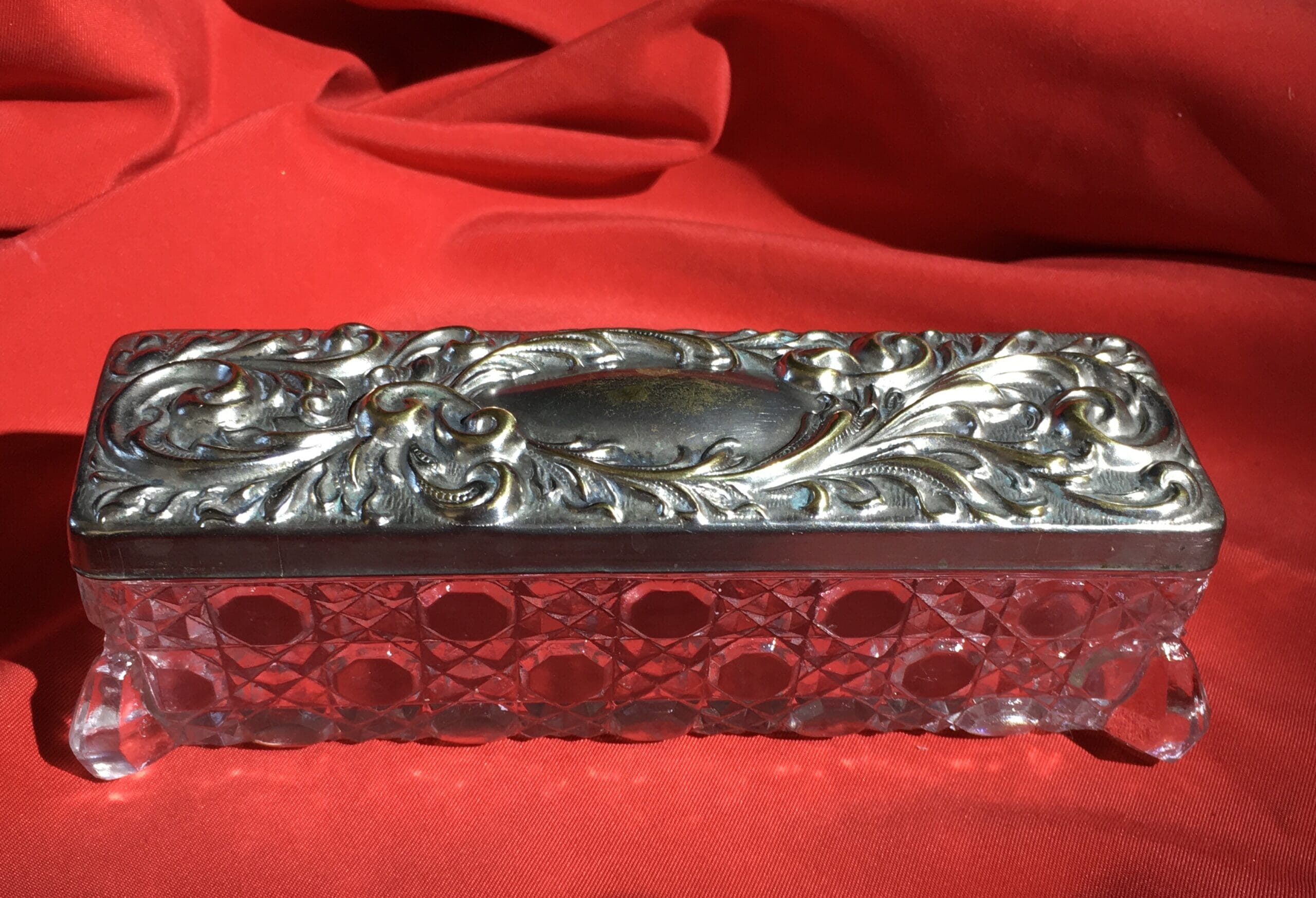 Silver plated dressing table box with pressed glass base, c. 190722349