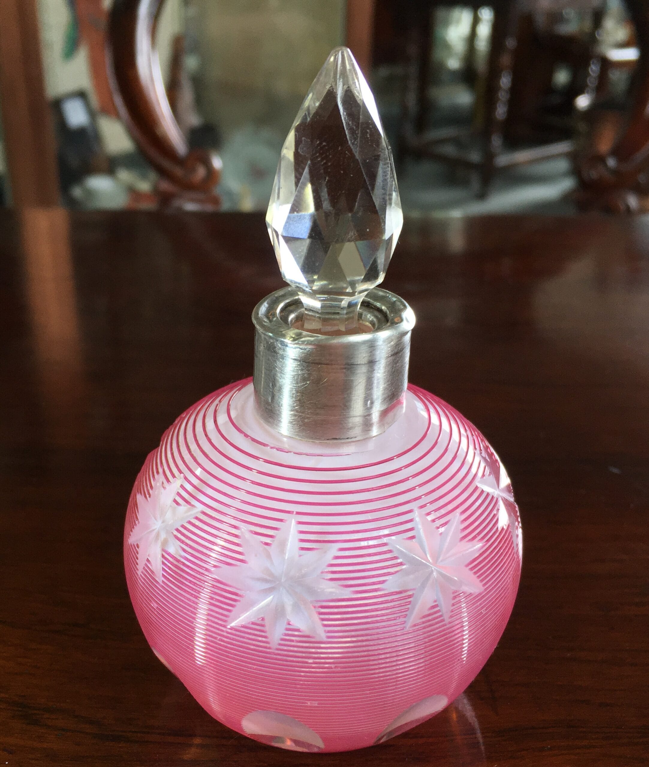 Victorian cased glass perfume bottle, silver collar, c. 1875-0