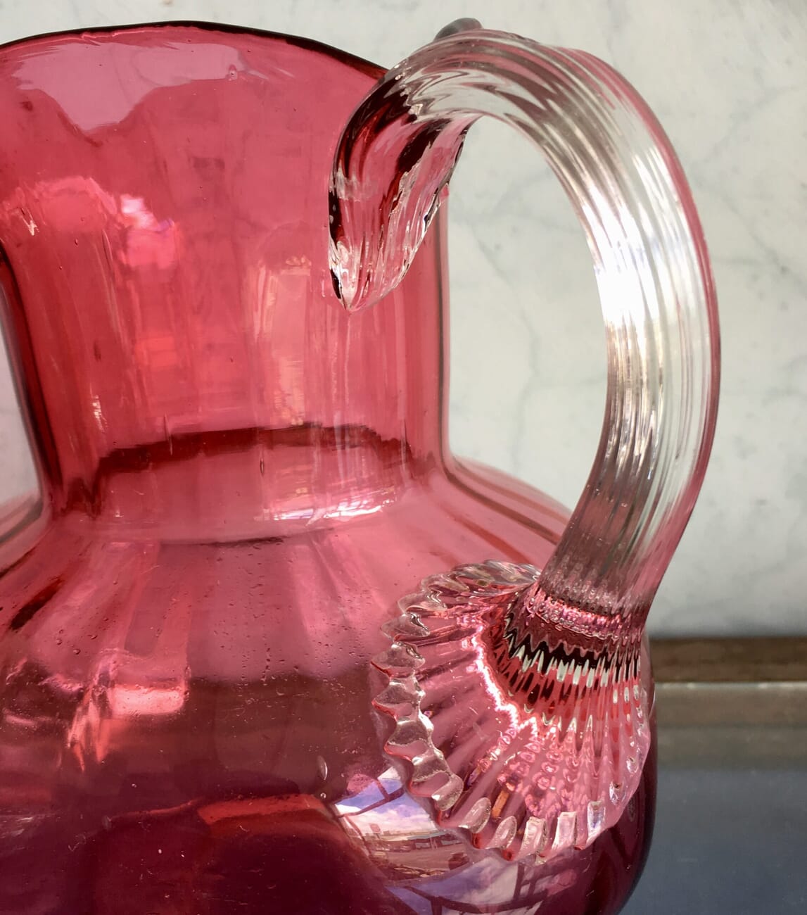Large Victorian Ruby Glass jug, clear handle, c. 1890-21629
