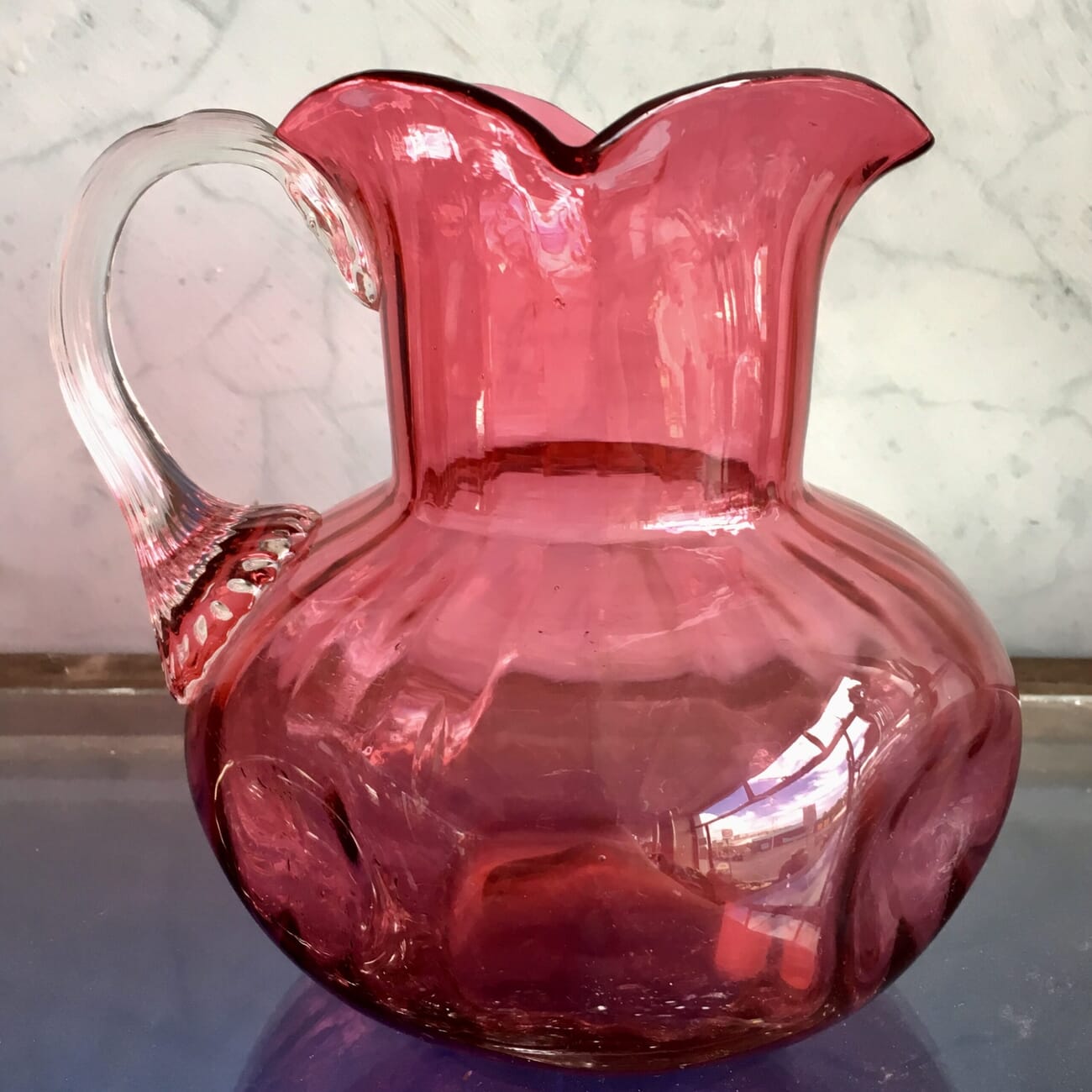Large Victorian Ruby Glass jug, clear handle, c. 1890-21628