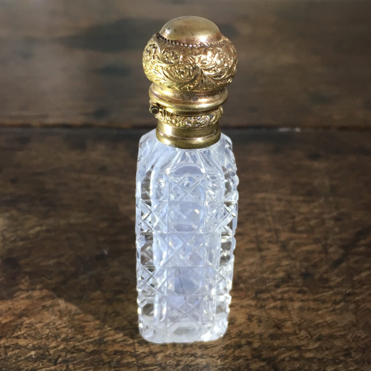 Square cut crystal perfume bottle, gilt metal lid, c. 1890-21677