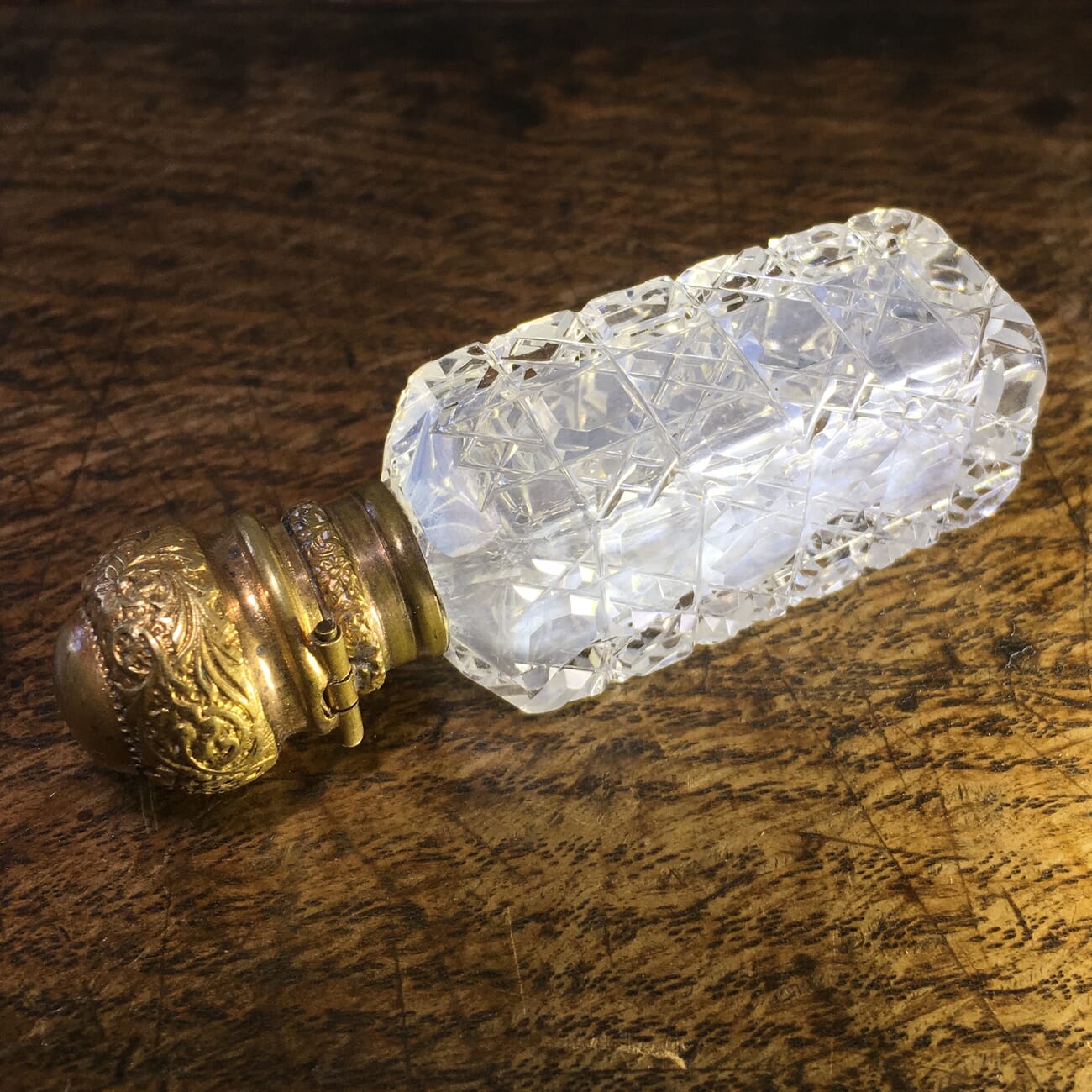 Square cut crystal perfume bottle, gilt metal lid, c. 1890-21681