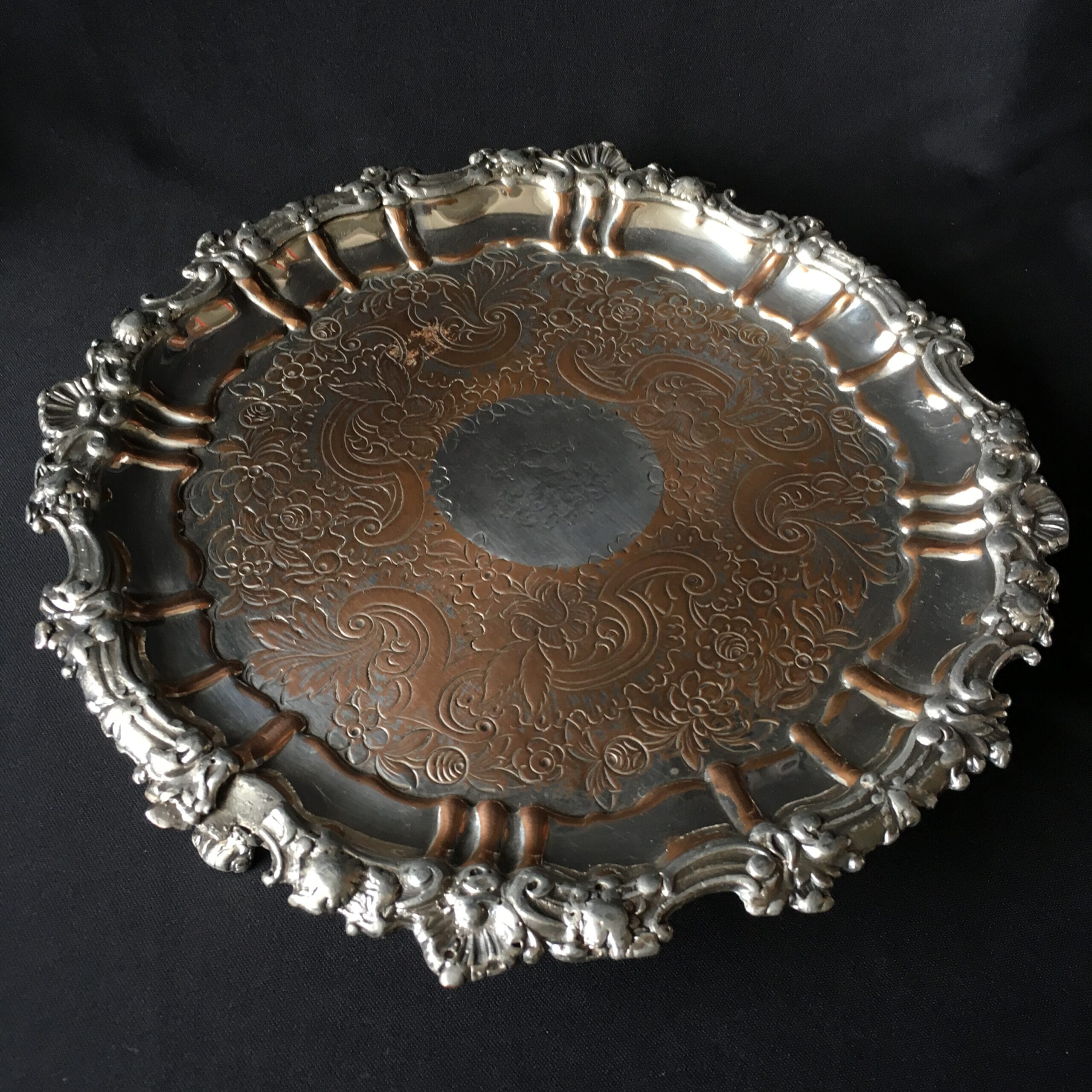 Old Sheffield plate tray, heavily engraved, c. 1830-0