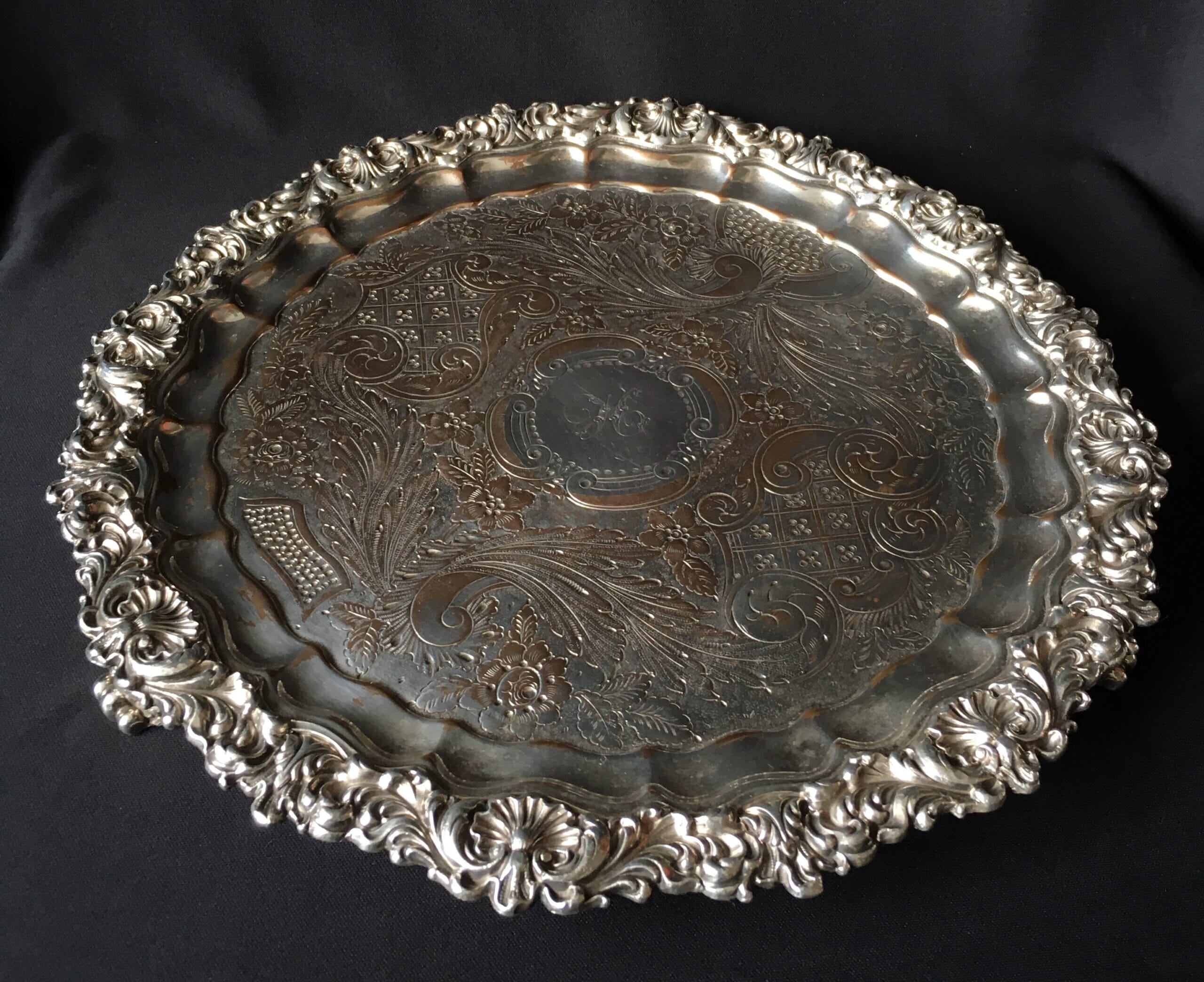 Old Sheffield plate salver, shell & scroll, circa 1820 -0