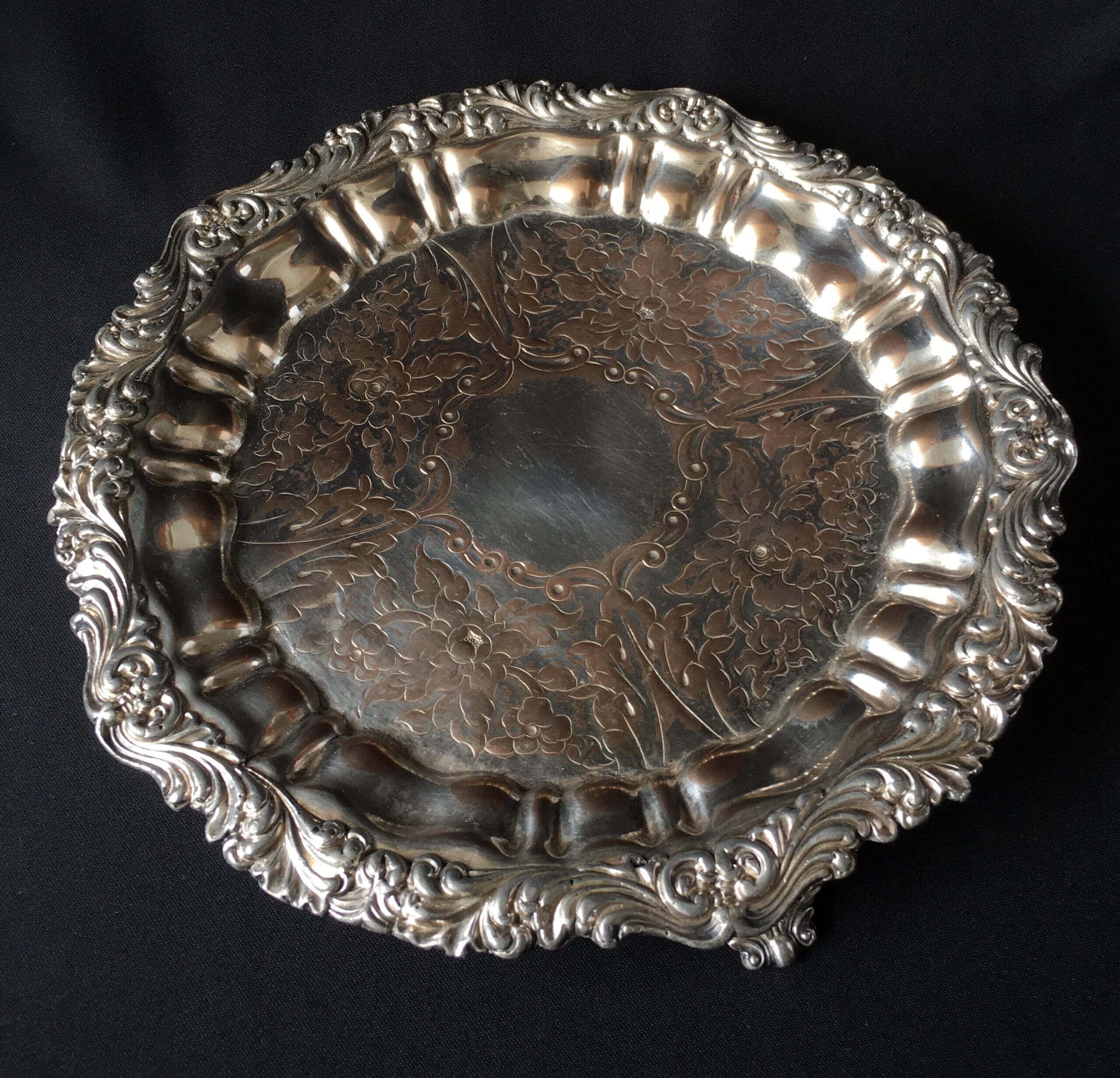 Old Sheffield plate tray, elaborately engraved, c. 1830-0