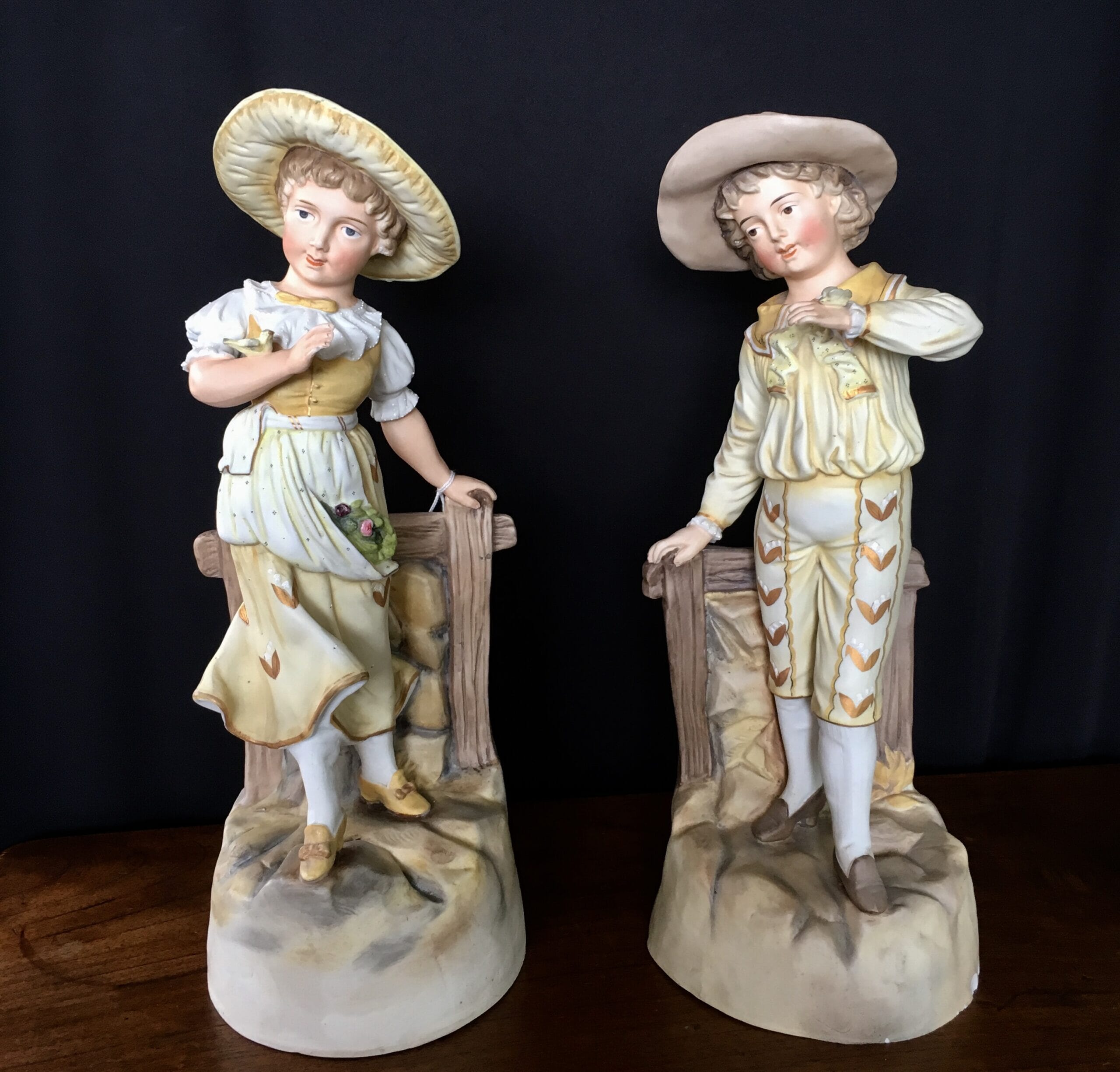 Pair of large bisque figures, Children with Bird & Butterfly, c. 1885-0