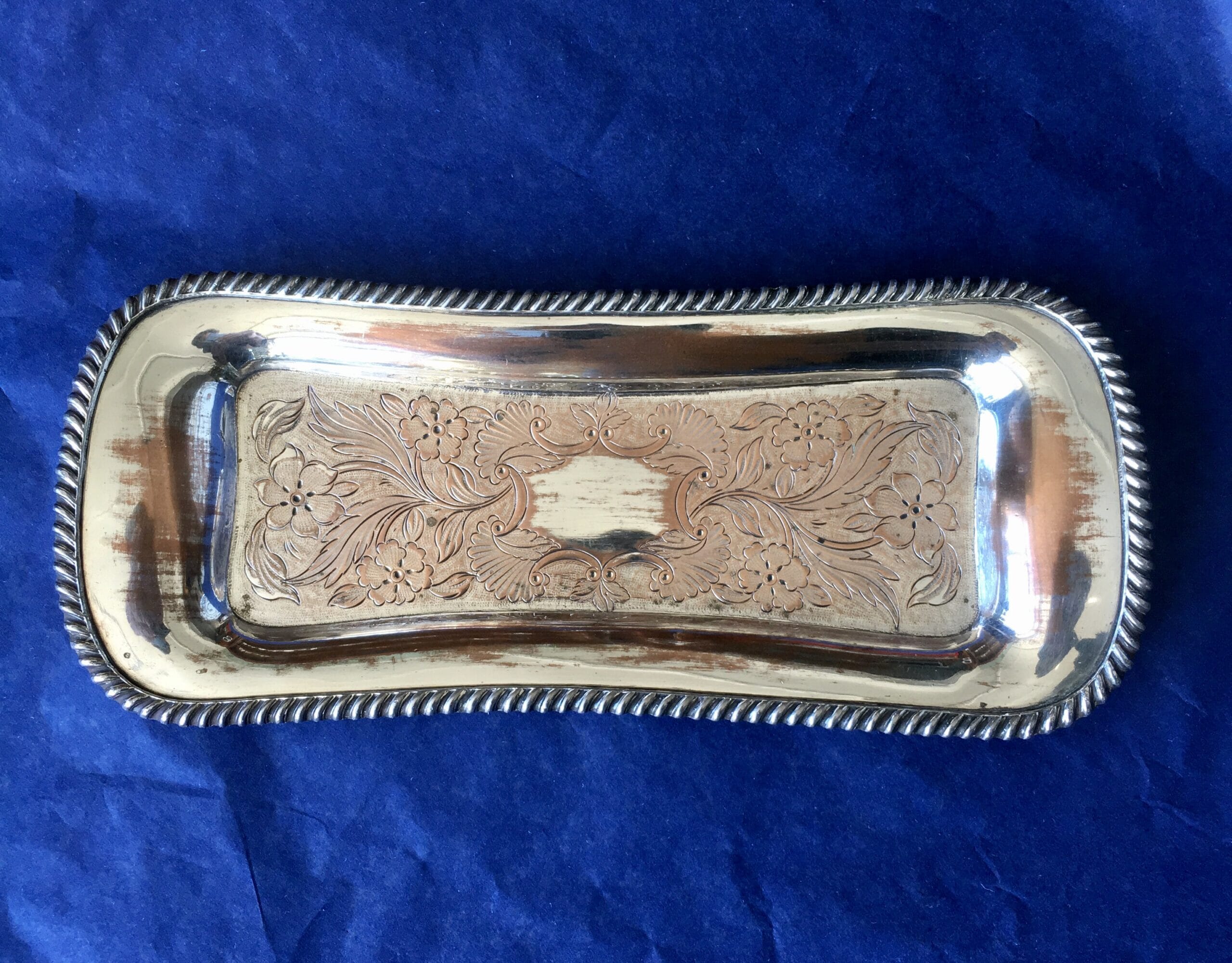 Old Sheffield Plate snuffer tray, simple form, engraved with flowers, c. 1830-0