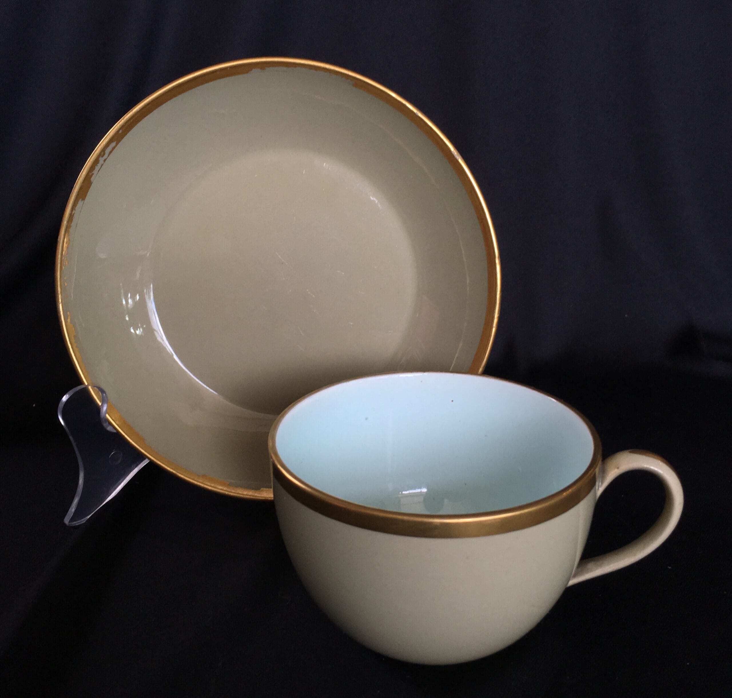 Wedgwood drabware cup & saucer, gilt rims, circa 1820-0