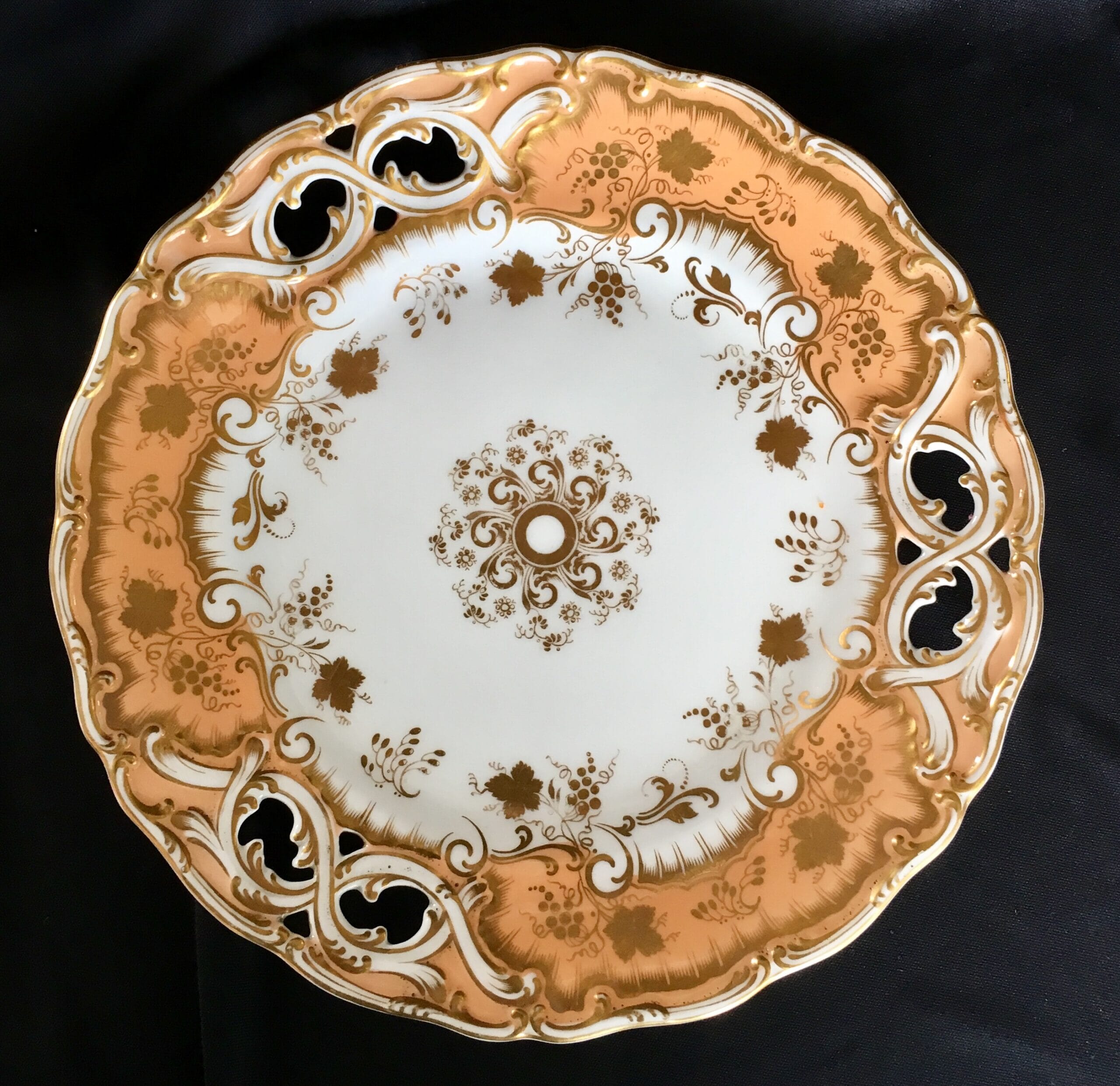 Davenport porcelain pierced plate, gilt & apricot ground, c. 1845-0