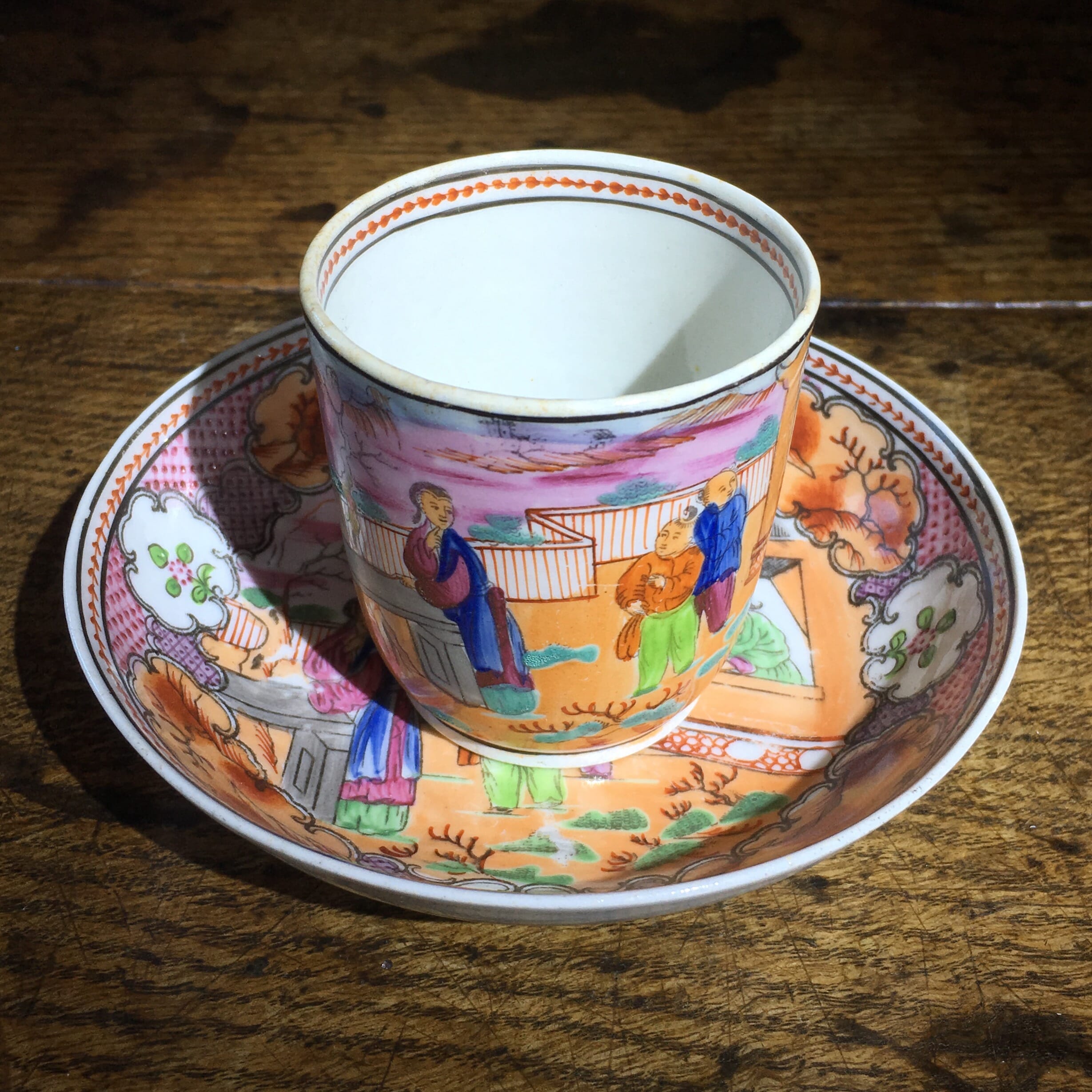 Newhall coffee cup & saucer, boy in window pattern, c.1800 -0