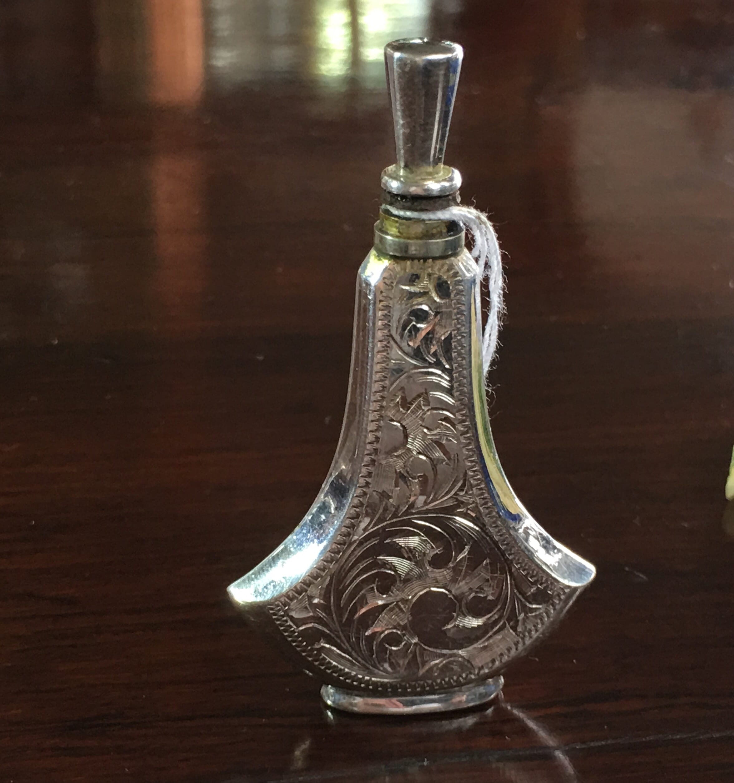 Sterling Silver perfume bottle, flask form with engraving, c.1920-0