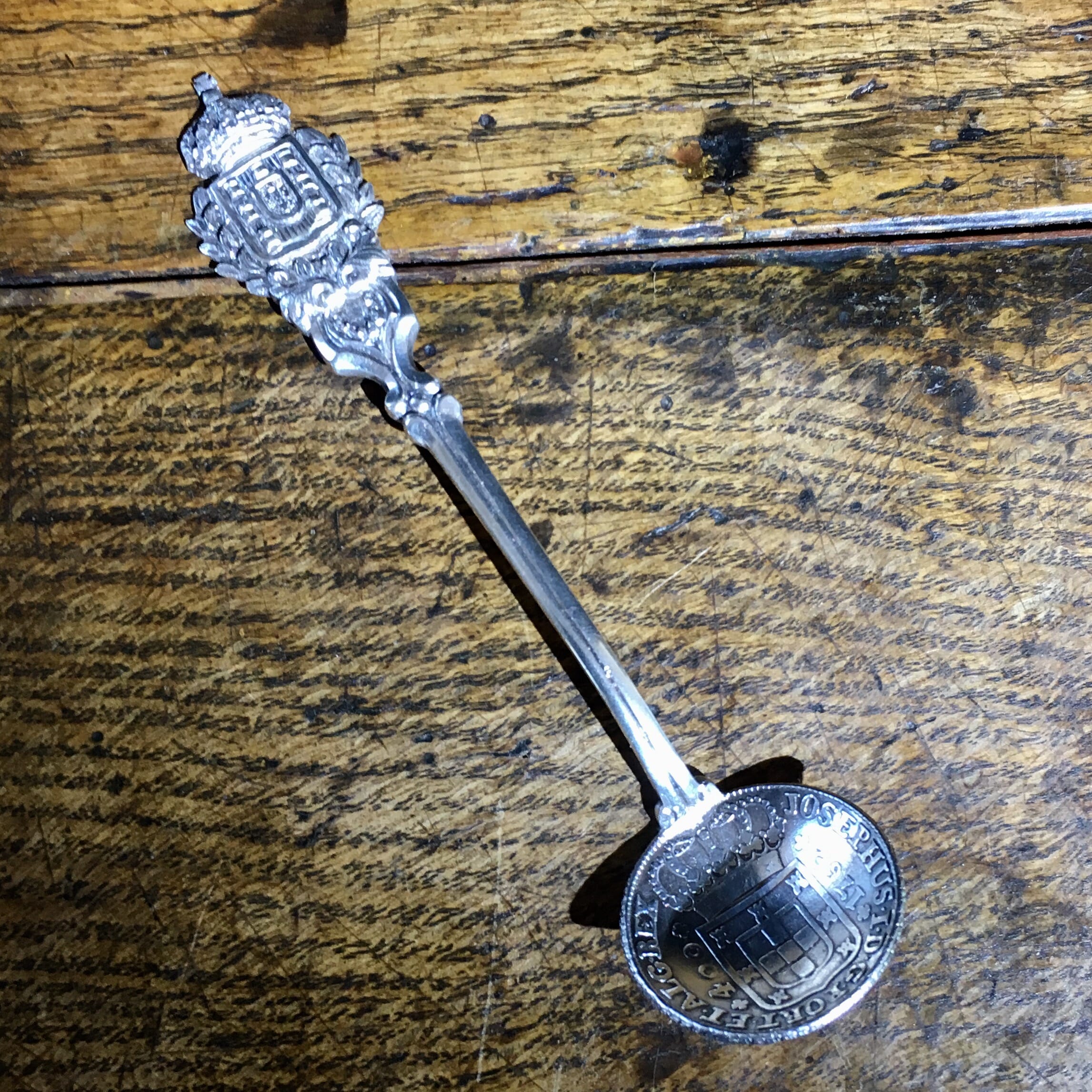 Portugese silver spoon, Arms of Portugal, inc. 1762 coin, circa 1940-0