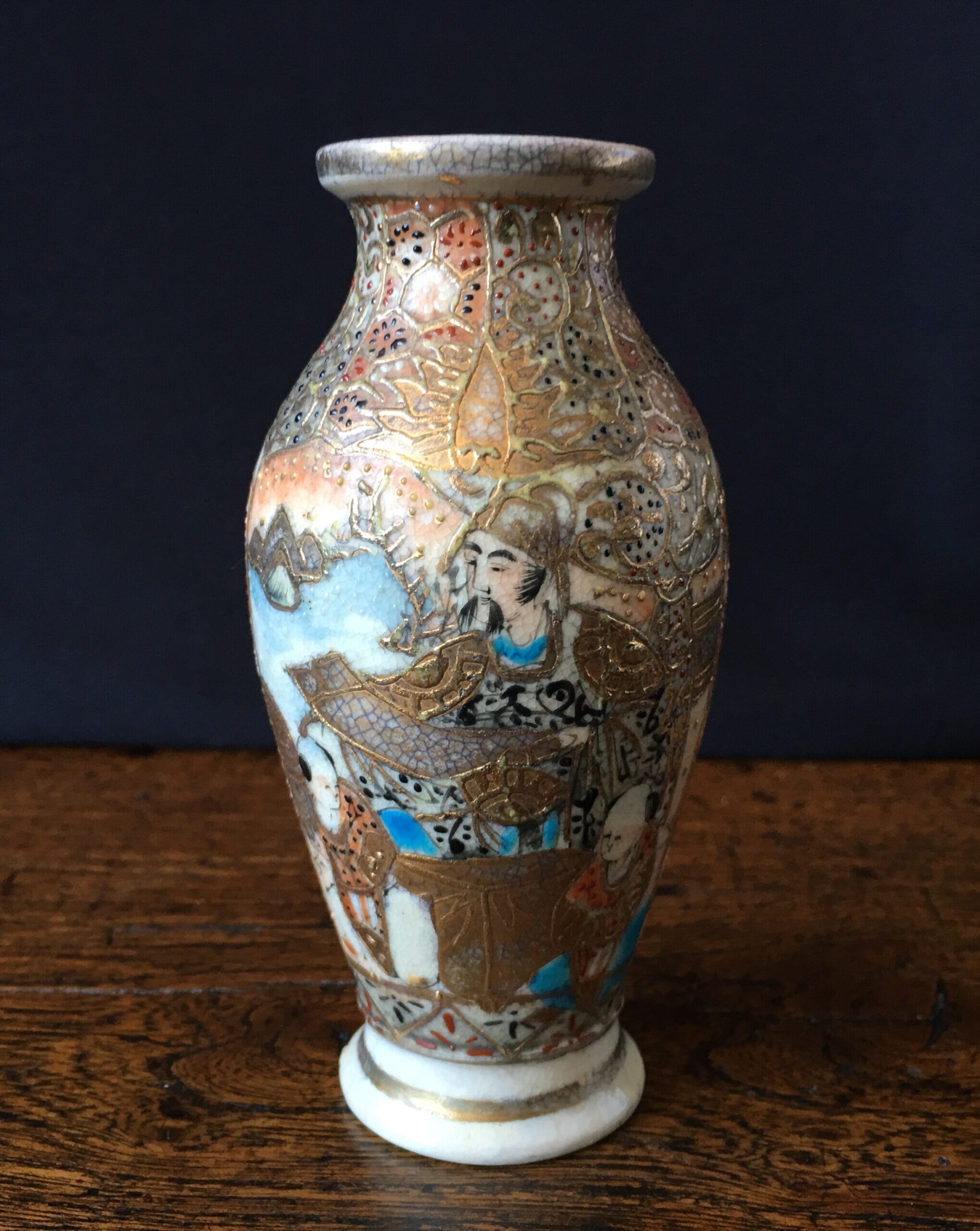 Satsuma pottery vase with raised gilt & figures, c. 1890 -0