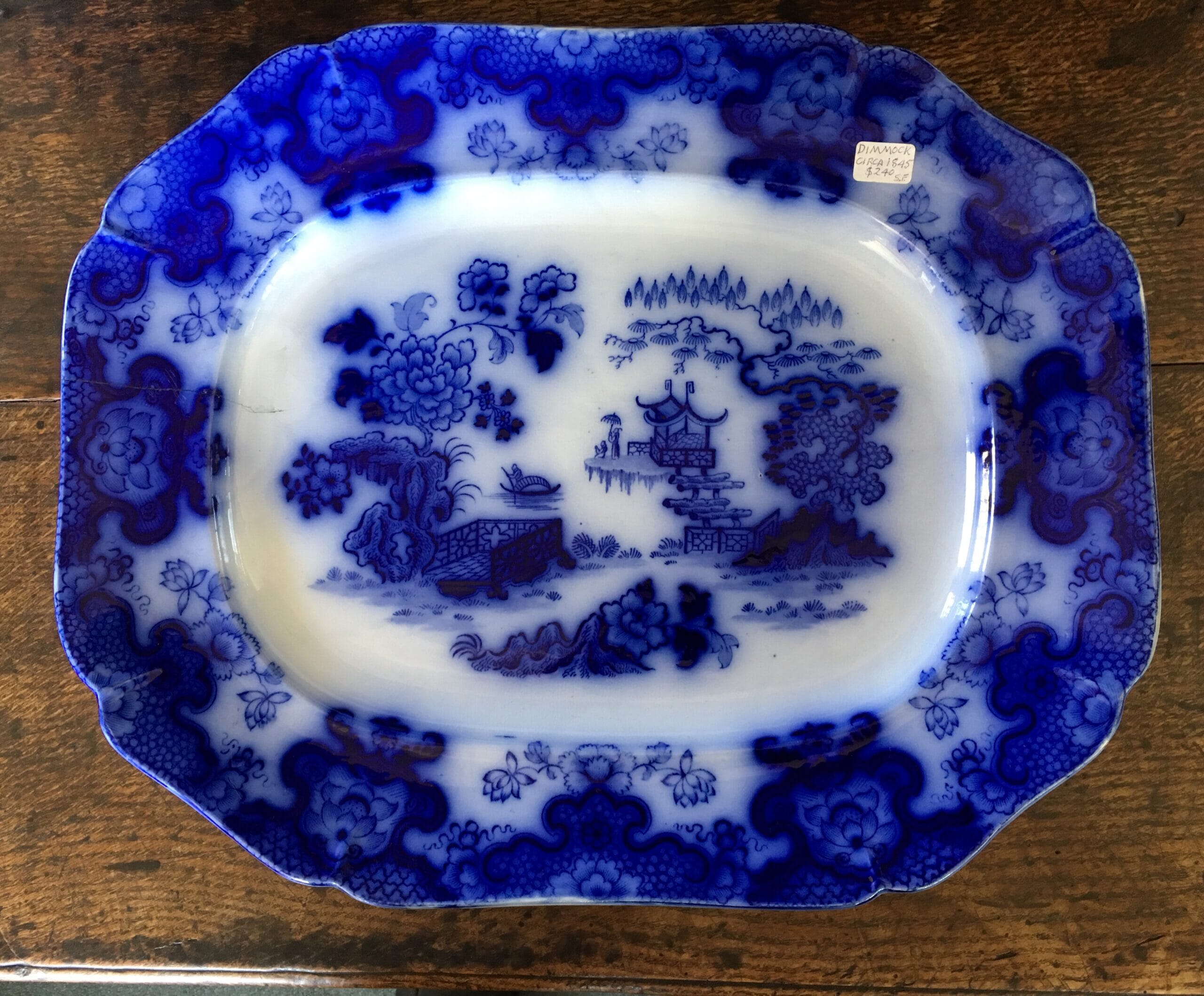 Flow Blue meat platter, Kaolin Ware 'Chinese Landscape' by Dimmock, c.1845-0