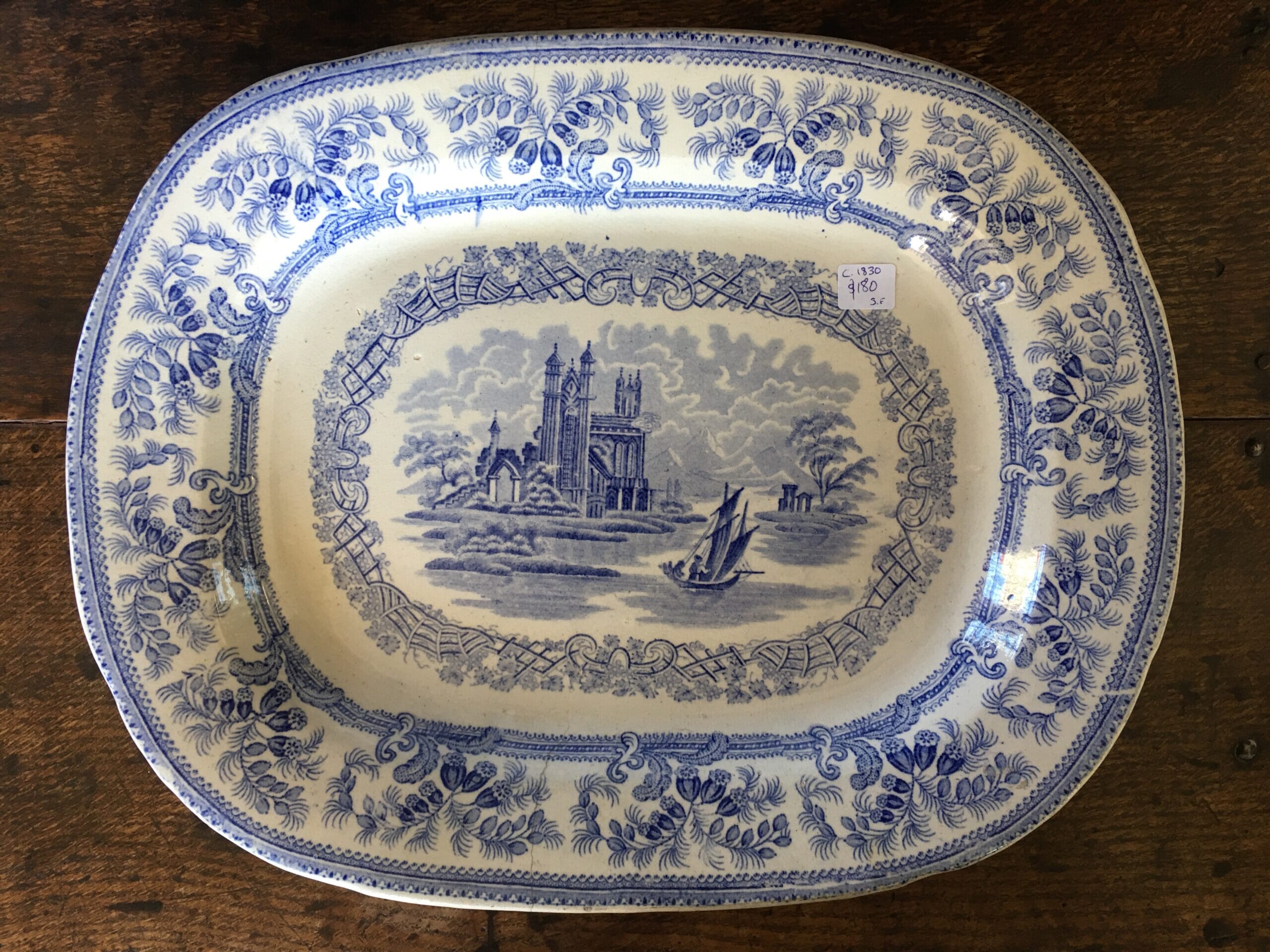 Staffordshire Pottery meat platter, blue ruins & landscape print, c. 1830-0