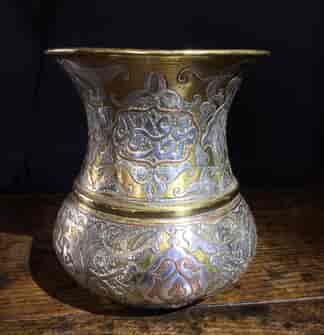 Islamic 'Damascus Ware' brass & silver vessel with inscription, 19th century -0
