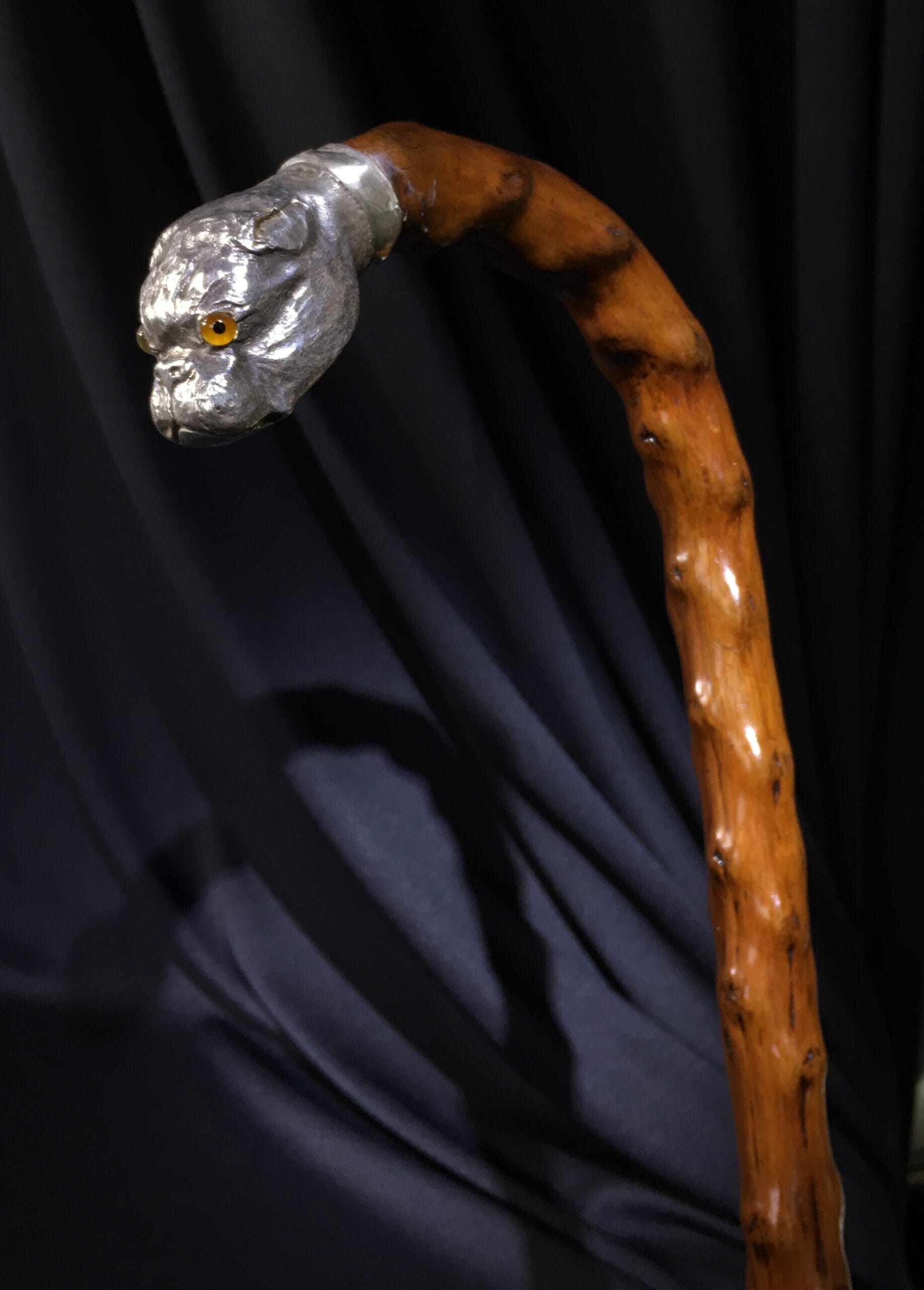 Sterling Silver pug dog head walking stick, London 1906-0