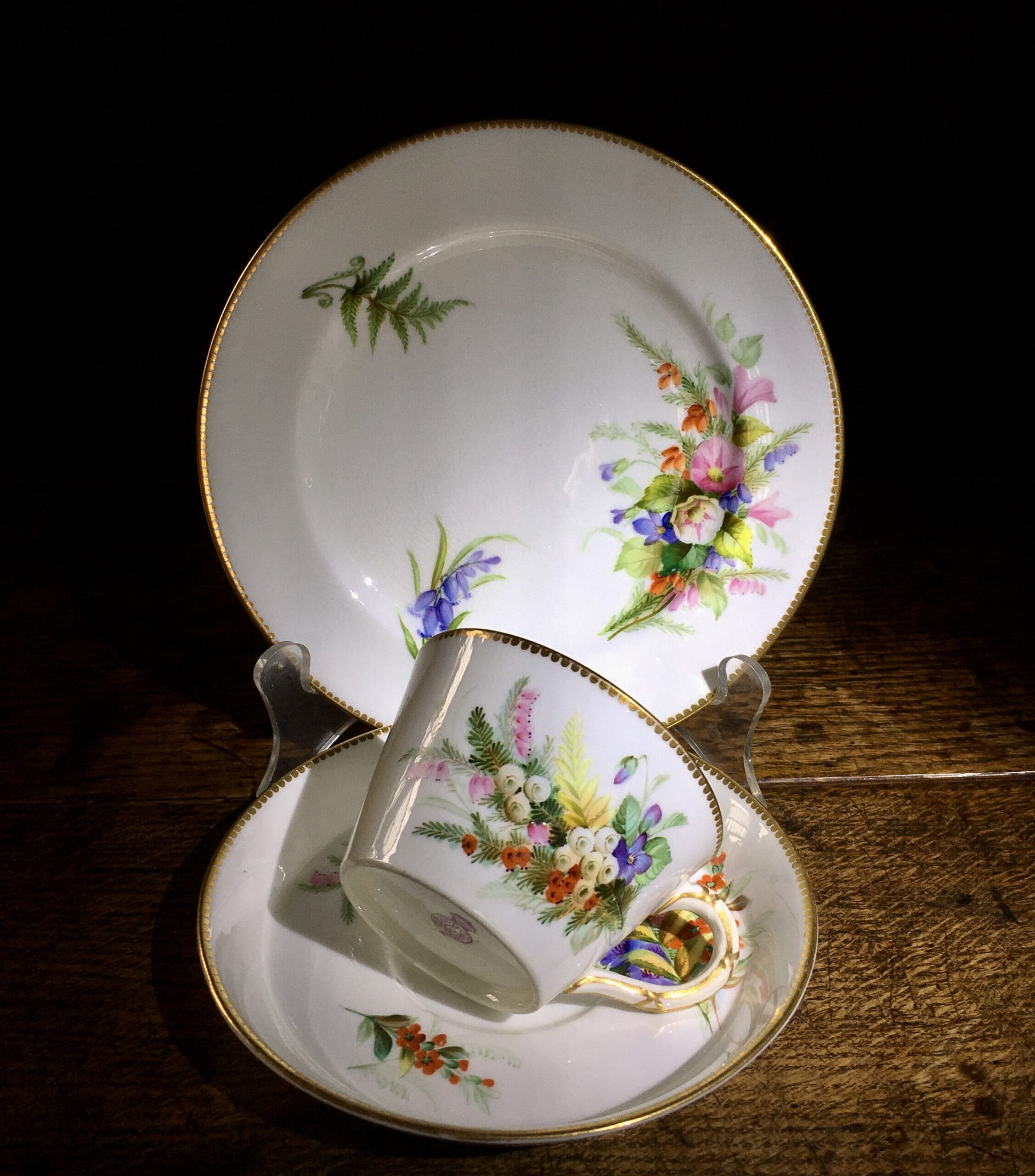 Royal Worcester cup saucer & plate, flowers and ferns, 1886-0