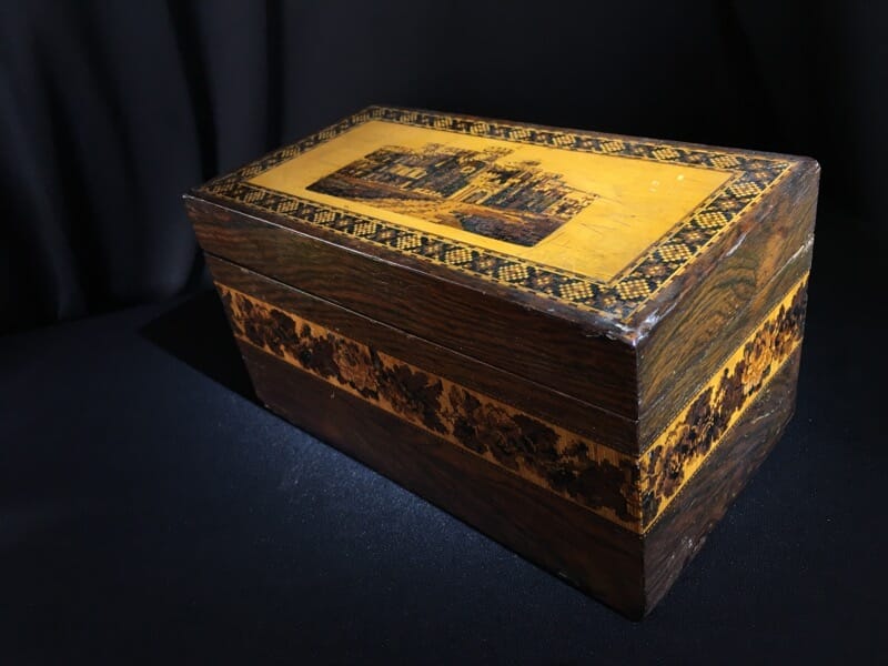 Tunbridge ware tea caddy with flower and castle decoration. c. 1875-0