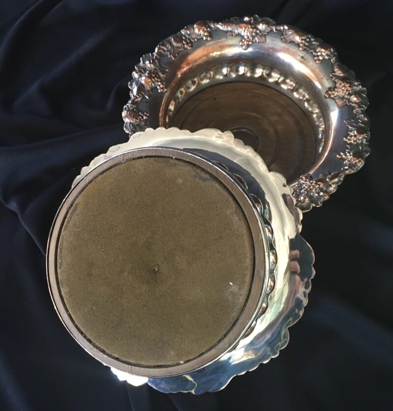 Old Sheffield Plate pair of Wine Coasters with fruiting vine rims, c. 1825-22991