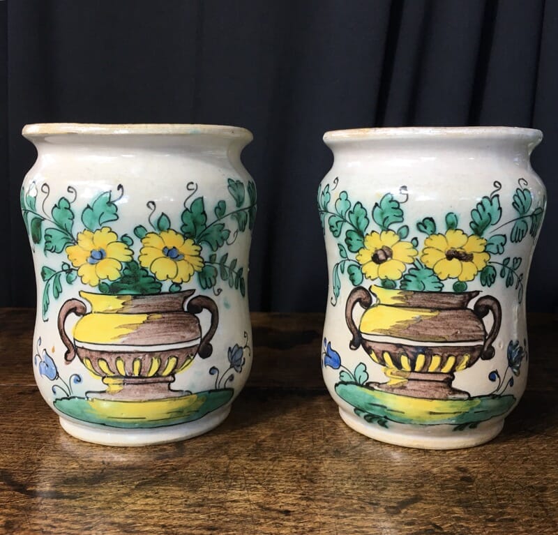 Pair of Italian Alberellos with flower vase dec., 18th Century -0