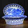 Spode Chestnut basket and stand with printed blue flying pennant pattern c1810-0