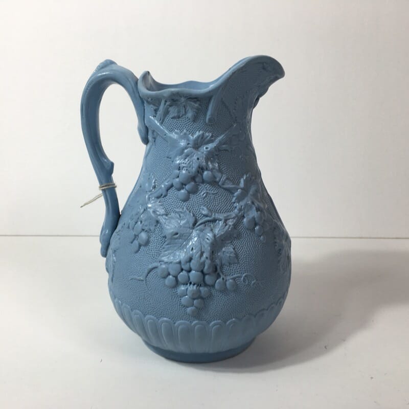Victorian blue pottery 'fruiting vine' moulded jug, c.1845-0
